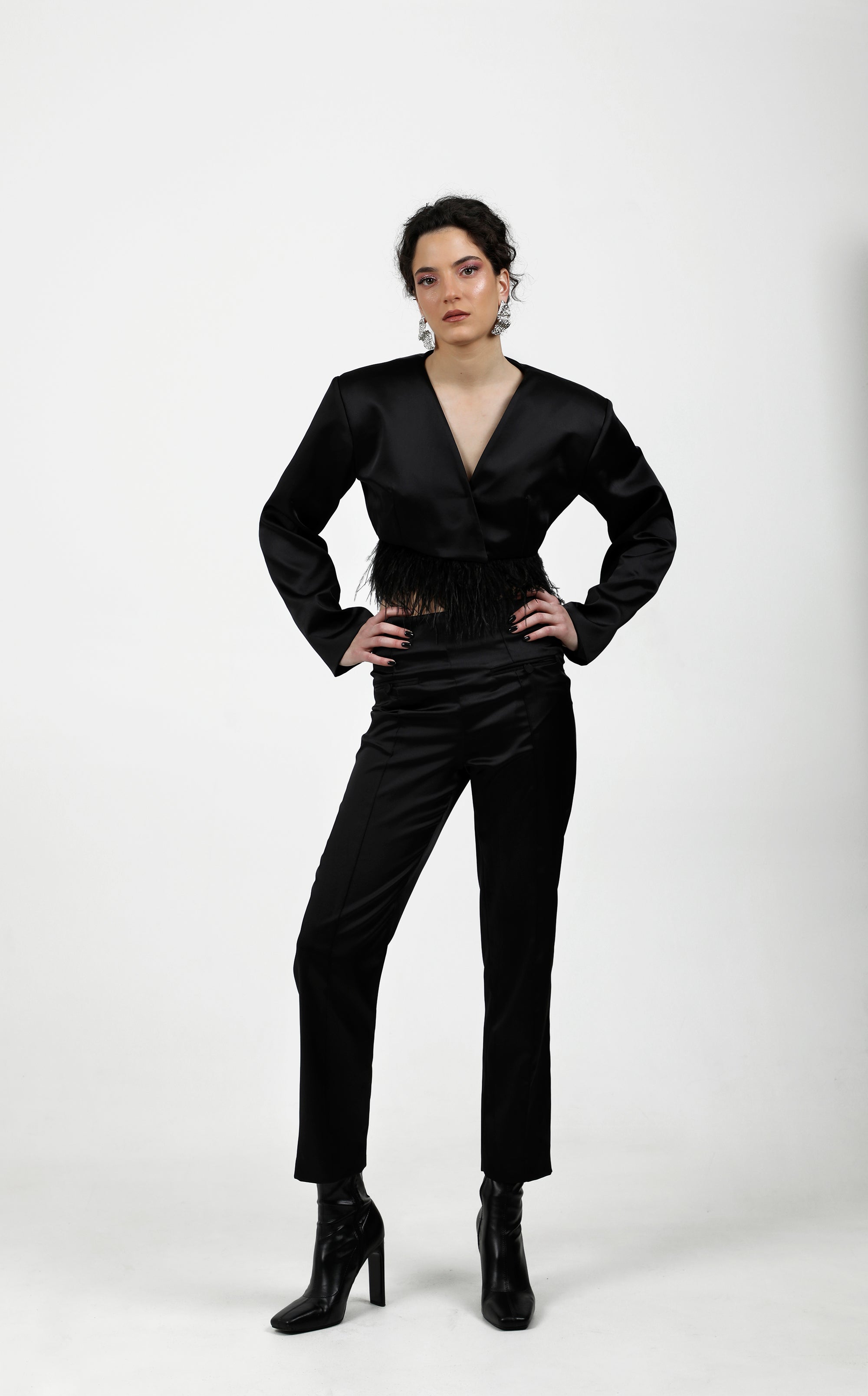 High-Waisted Satin Straight-Leg Trousers