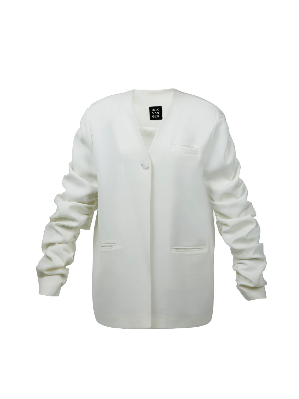 Crumple-Sleeve Long White Blazer
