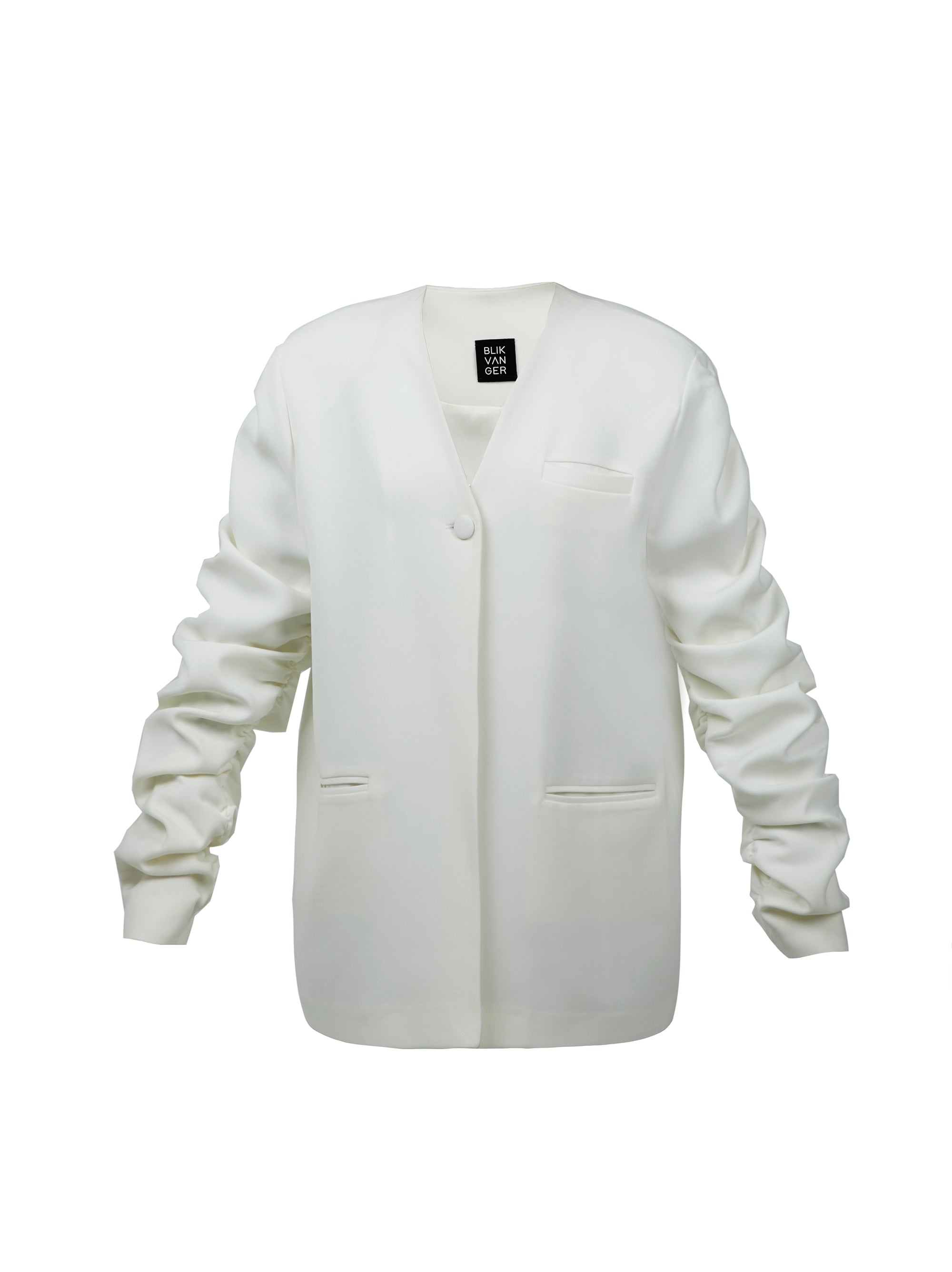 Crumple-Sleeve Long White Blazer
