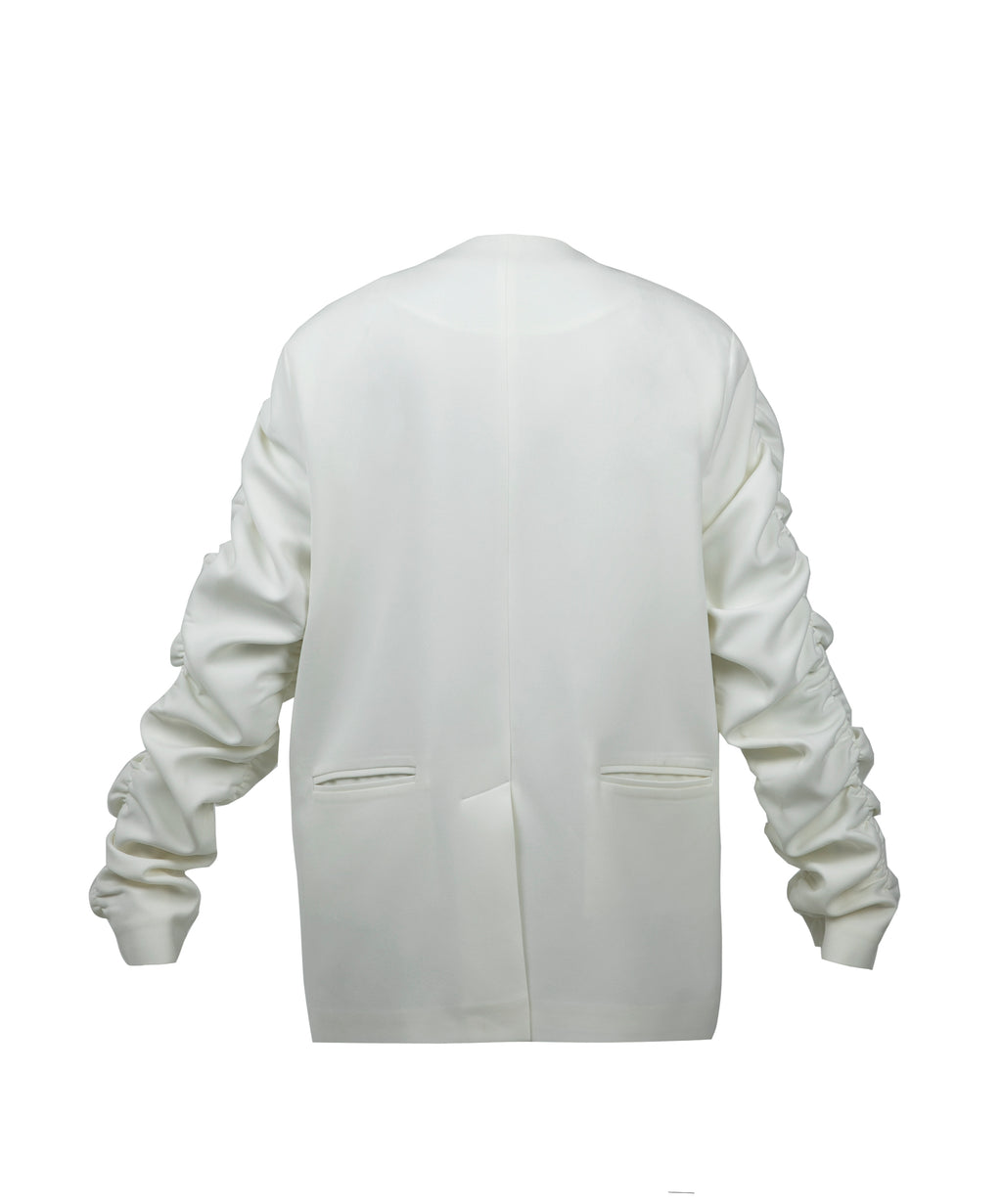 Crumple-Sleeve Long White Blazer