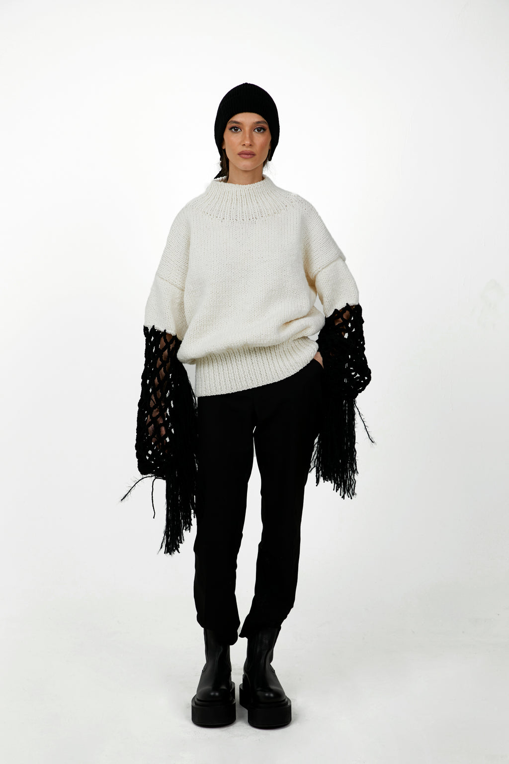 White Wool Blend Sweater with Fringe Sleeves
