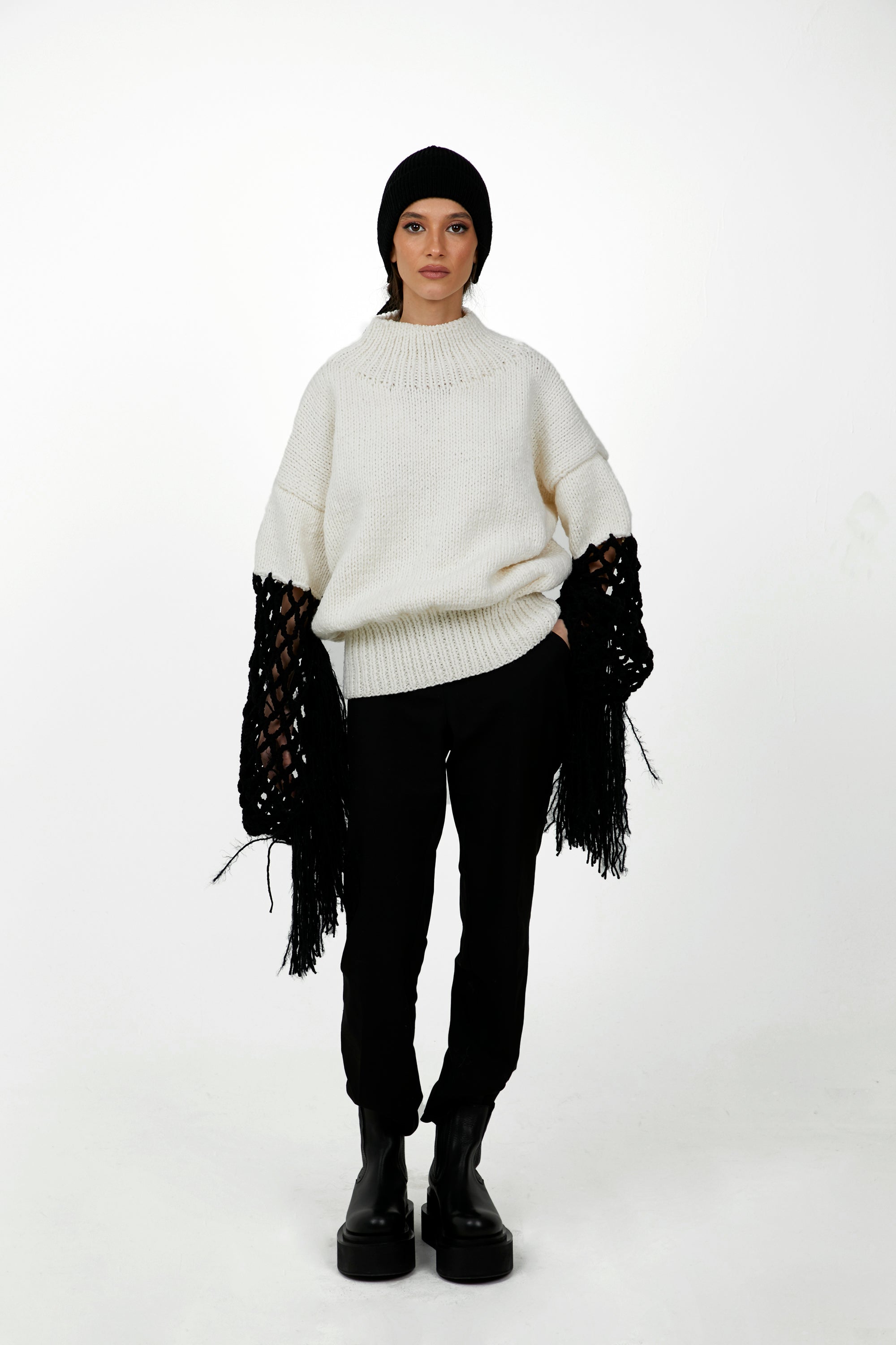 White Wool Blend Sweater with Fringe Sleeves