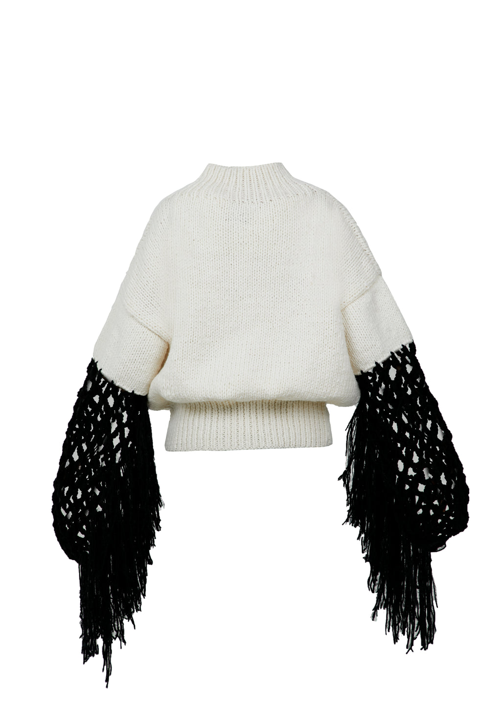 White Wool Blend Sweater with Fringe Sleeves