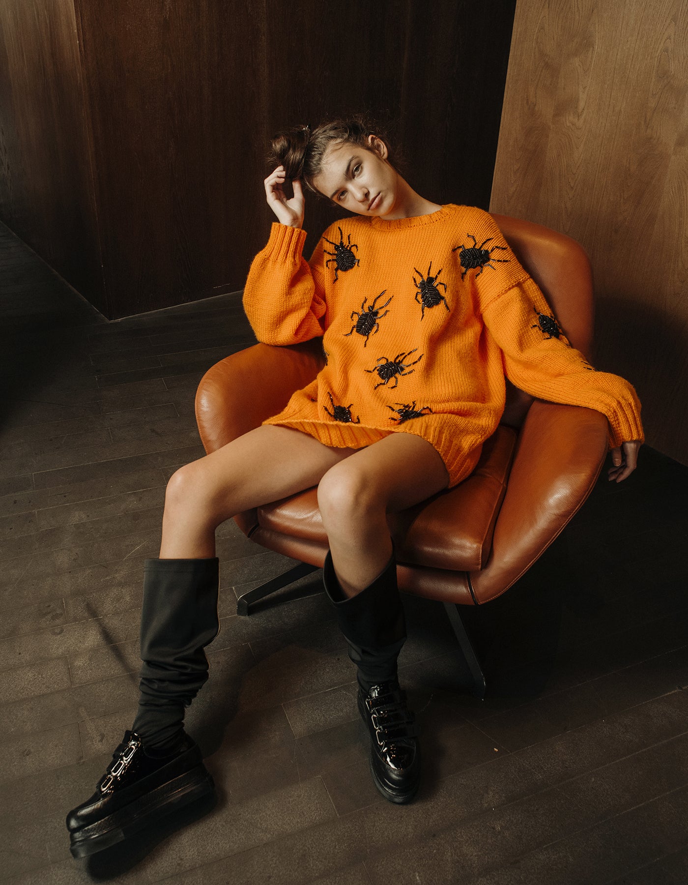 Beetle Beadwork Oversized Orange Sweater