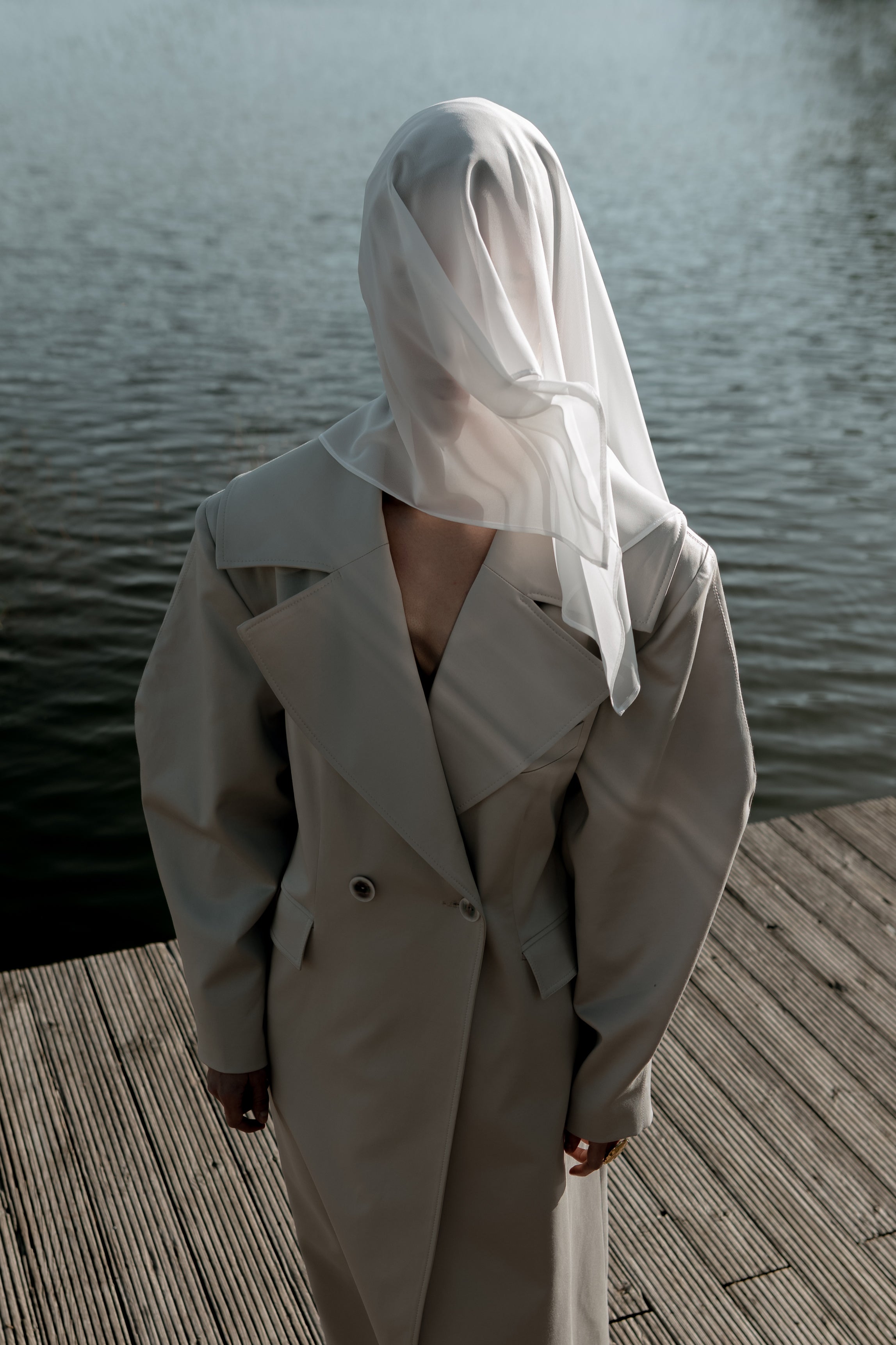 Stone Grey Double-Breasted Long Trench
