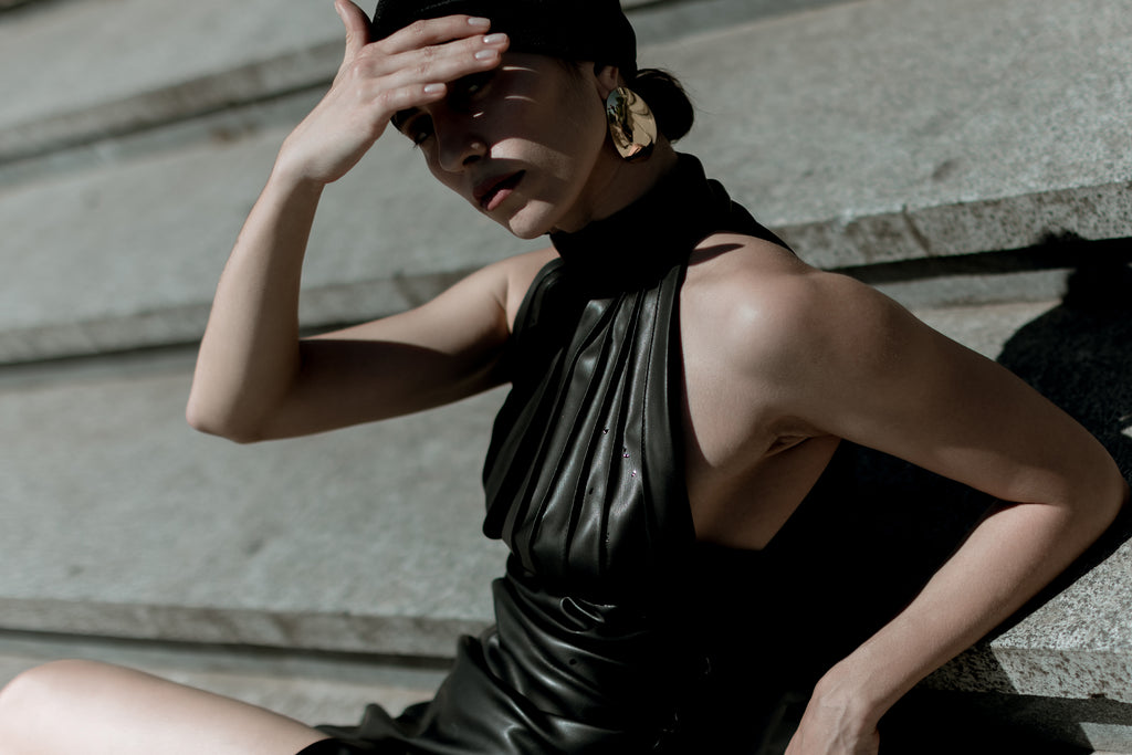 Black Faux Leather Halter Maxi Dress