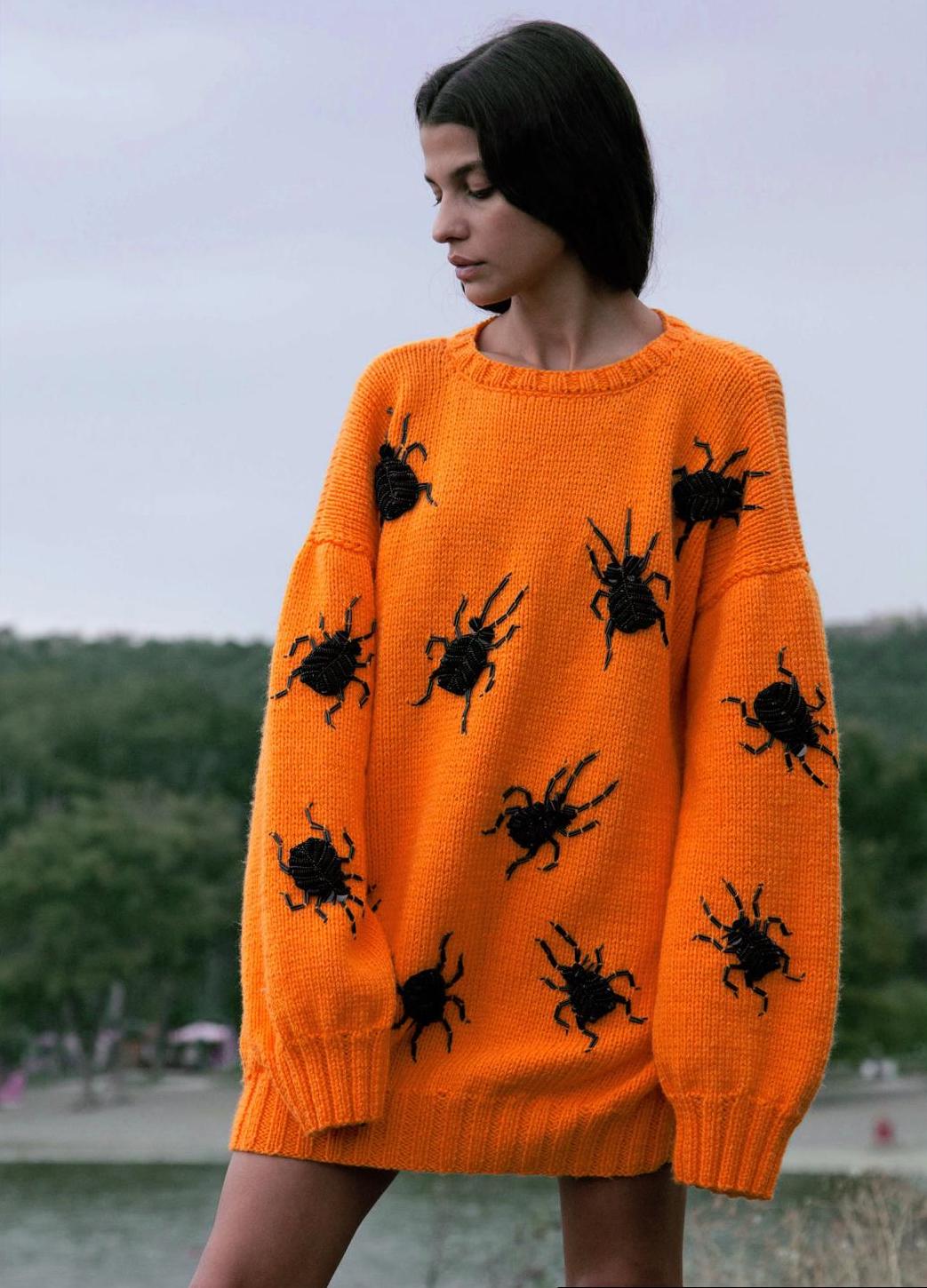 Beetle Beadwork Oversized Orange Sweater
