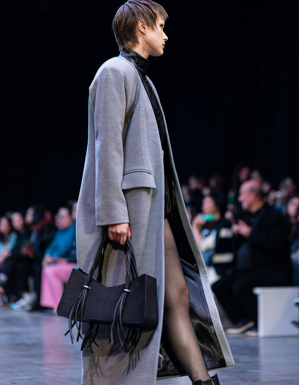 Two-Layered Gray Coat with Faux Leather Vest Insert