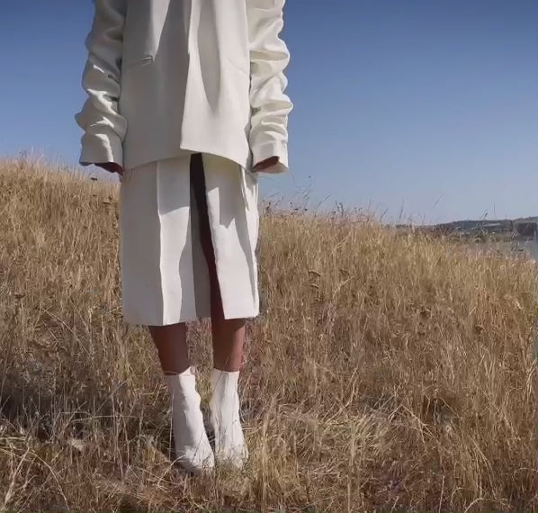 Crumple-Sleeve Long White Blazer