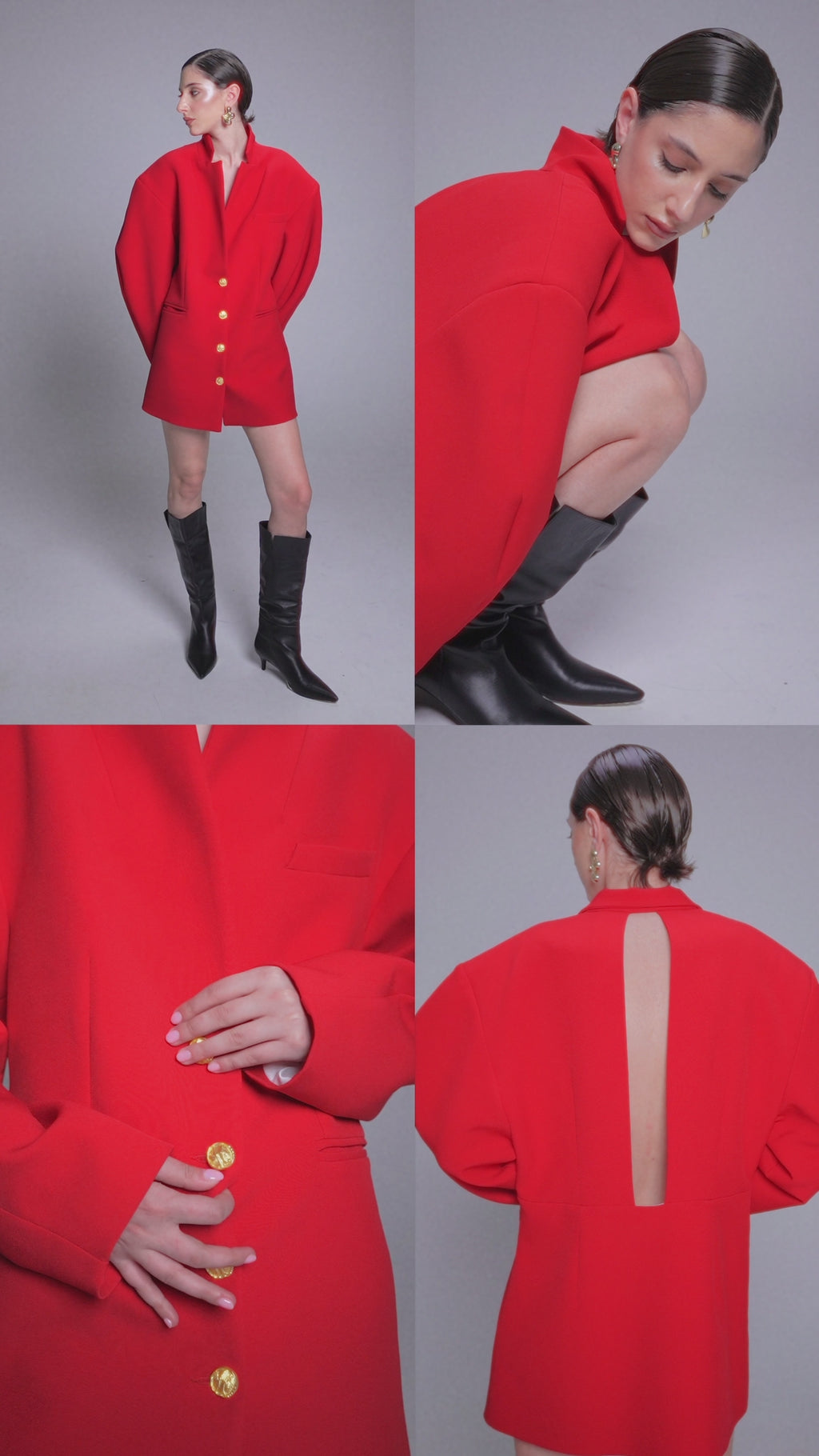 Red Backless Blazer Dress with Puffed Sleeves