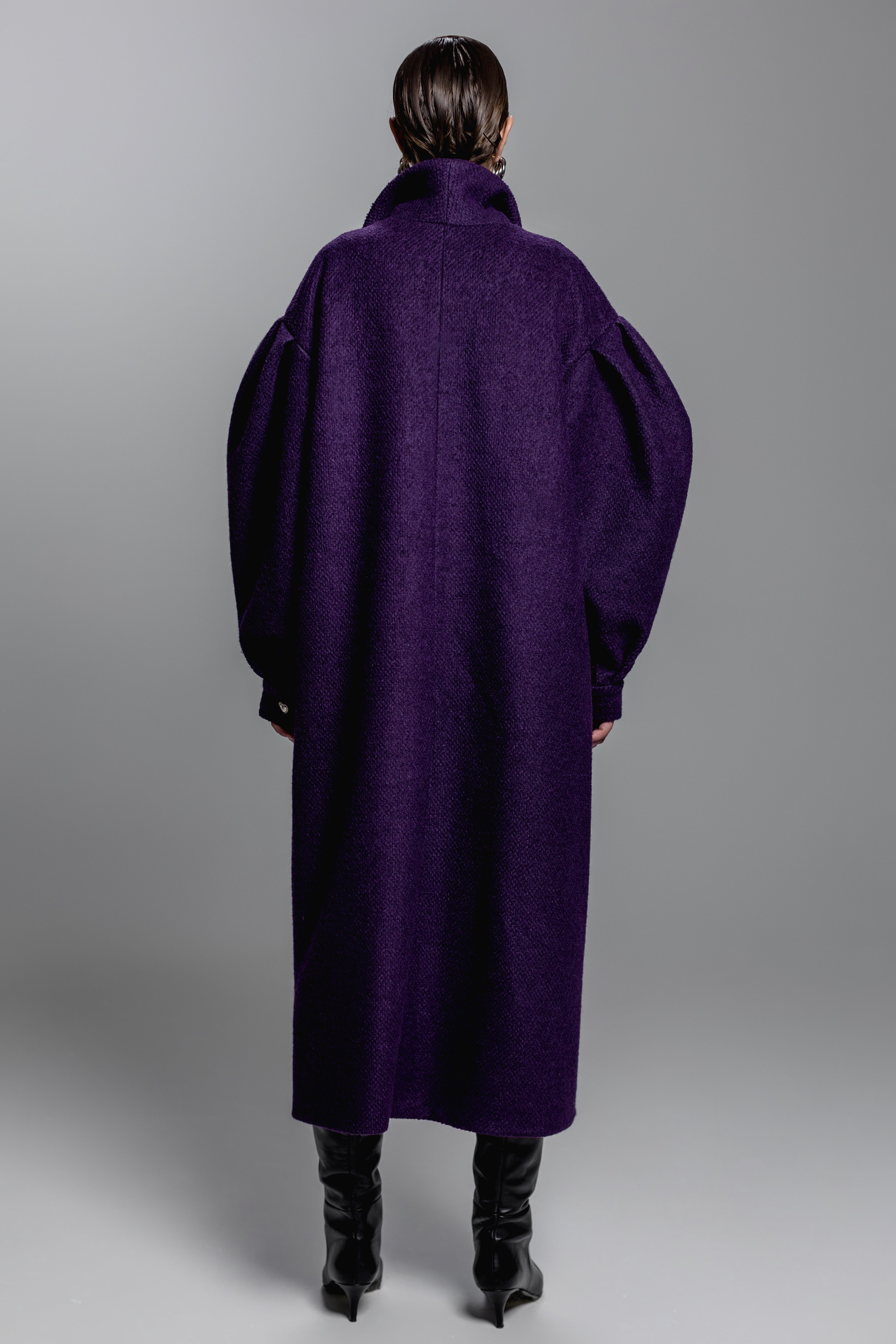 Midnight Purple Puff-Sleeve Wool-Blend Coat