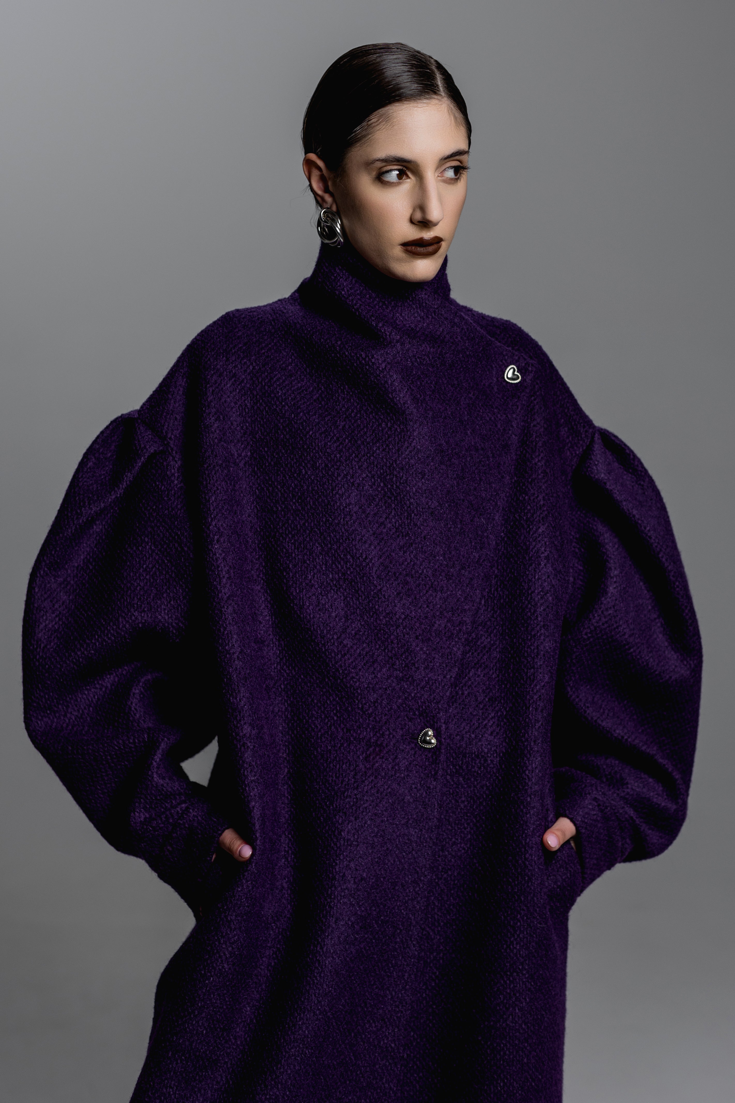 Midnight Purple Puff-Sleeve Wool-Blend Coat