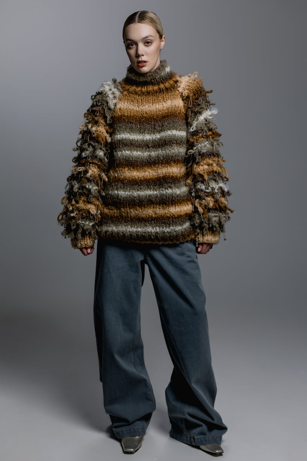 Hand-Knit Shaggy Striped Sweater