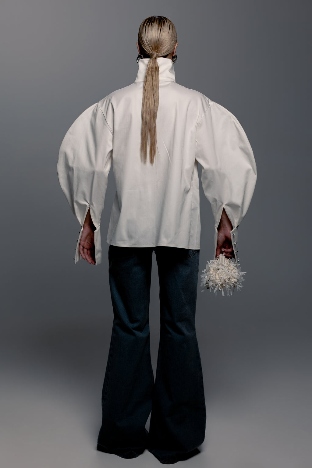 White Zip-Front Pleated Shirt