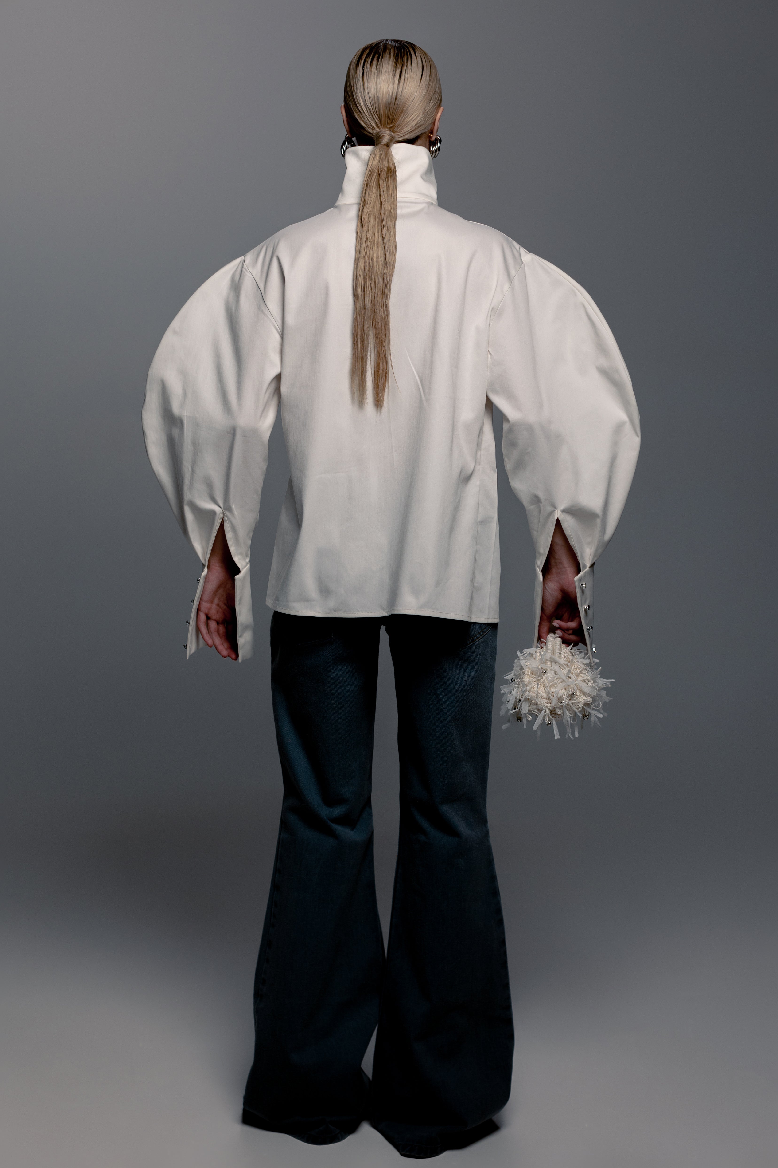 White Zip-Front Pleated Shirt