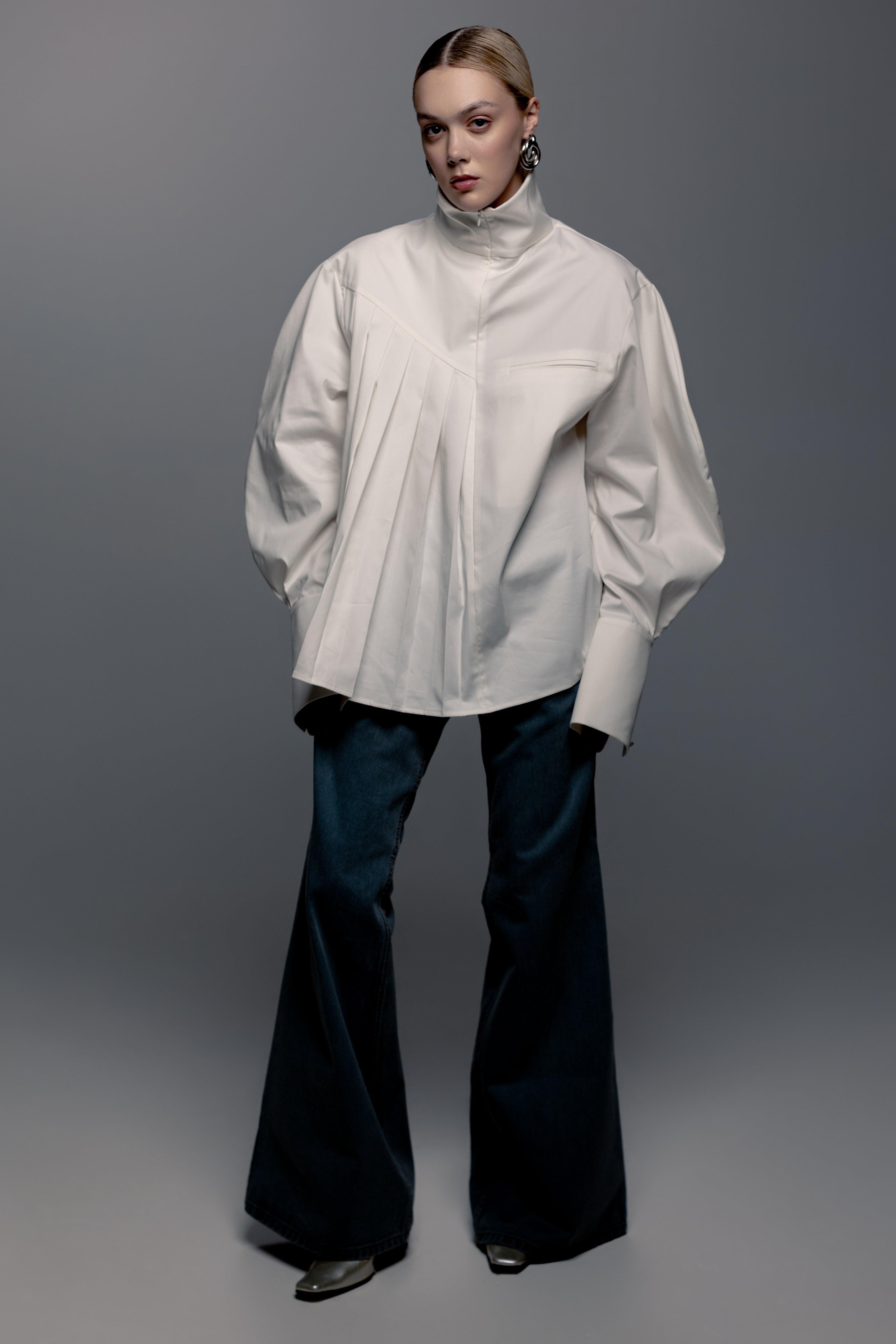 White Zip-Front Pleated Shirt