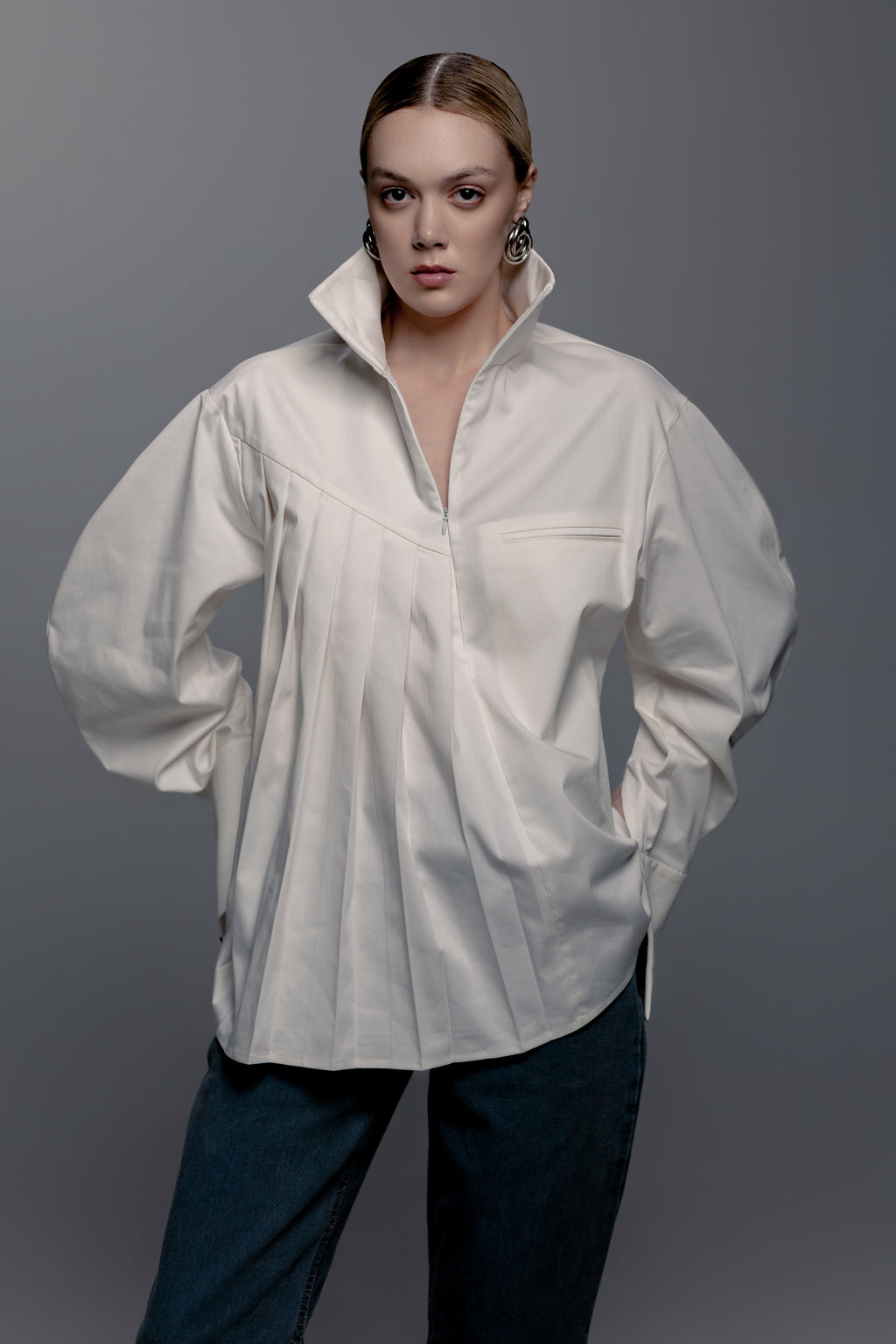 White Zip-Front Pleated Shirt