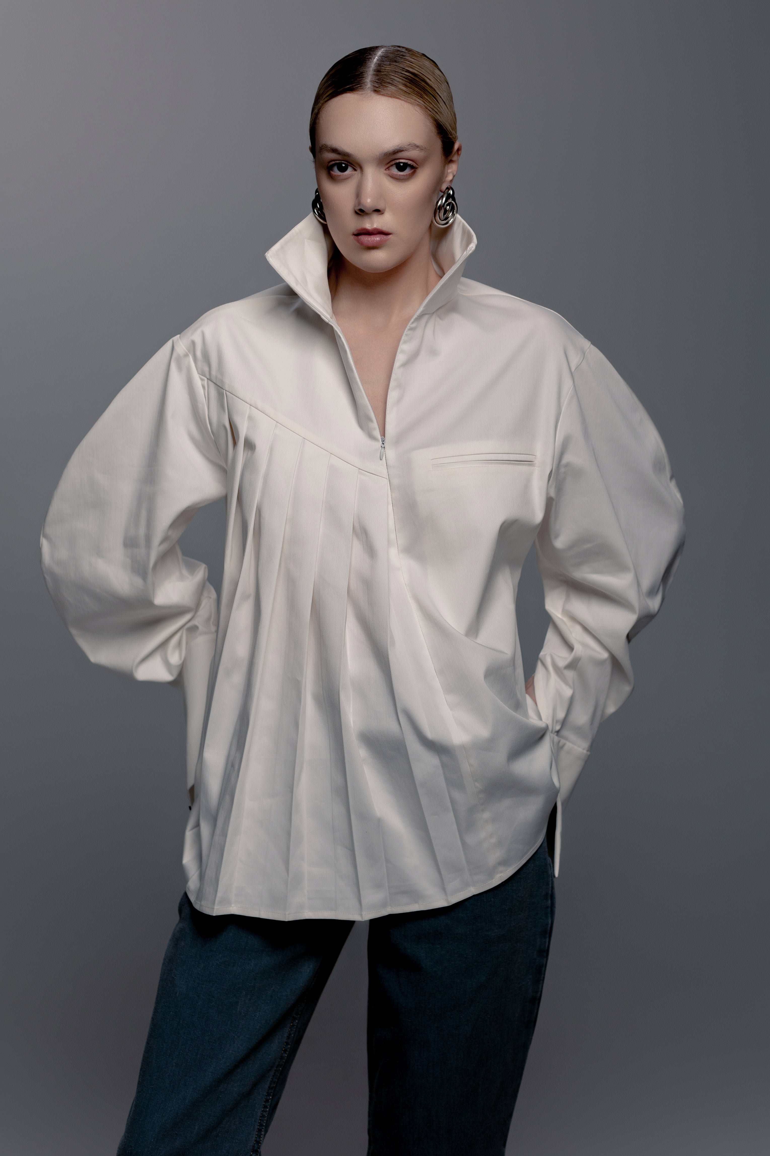 White Zip-Front Pleated Shirt