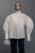 White Zip-Front Pleated Shirt