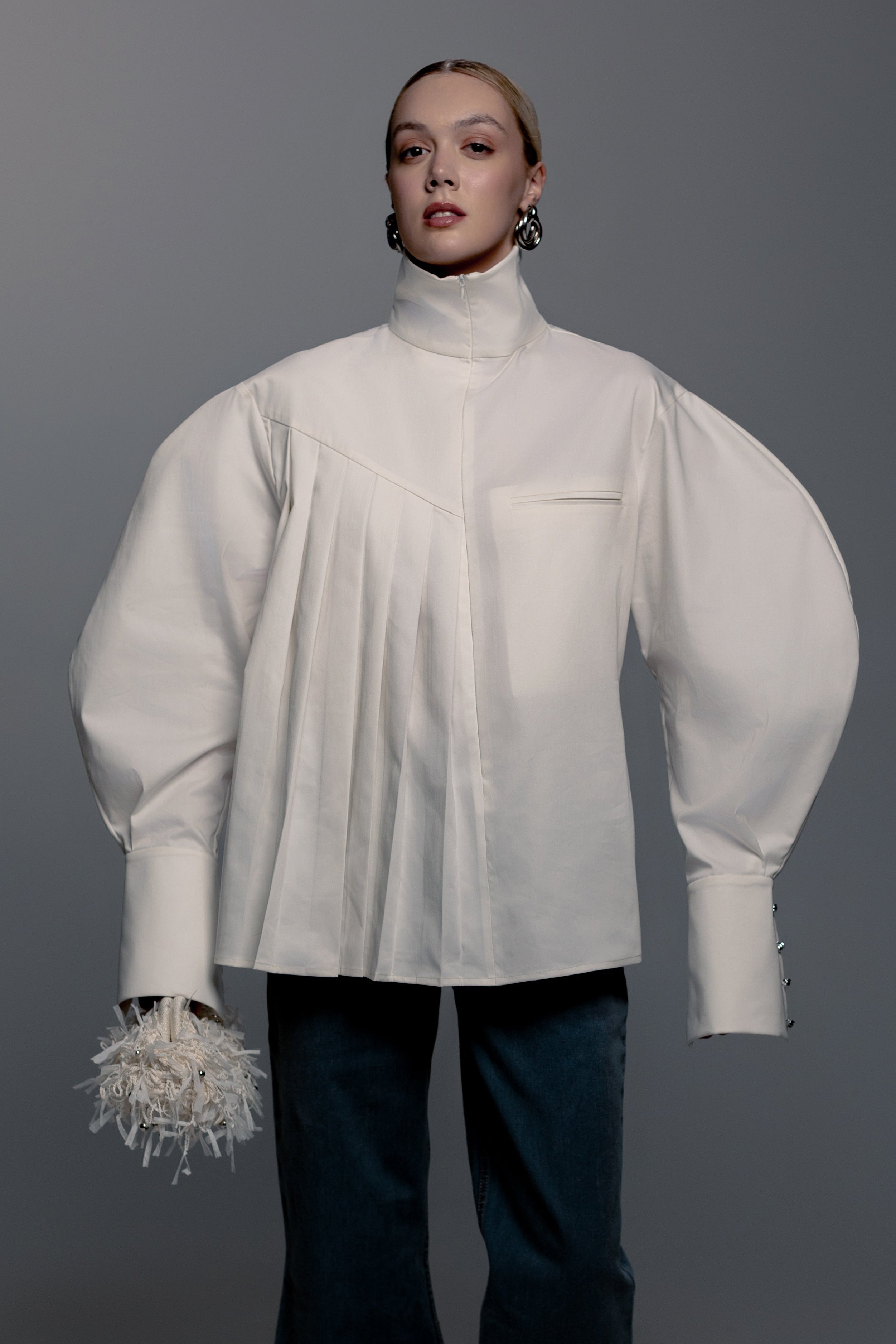 White Zip-Front Pleated Shirt