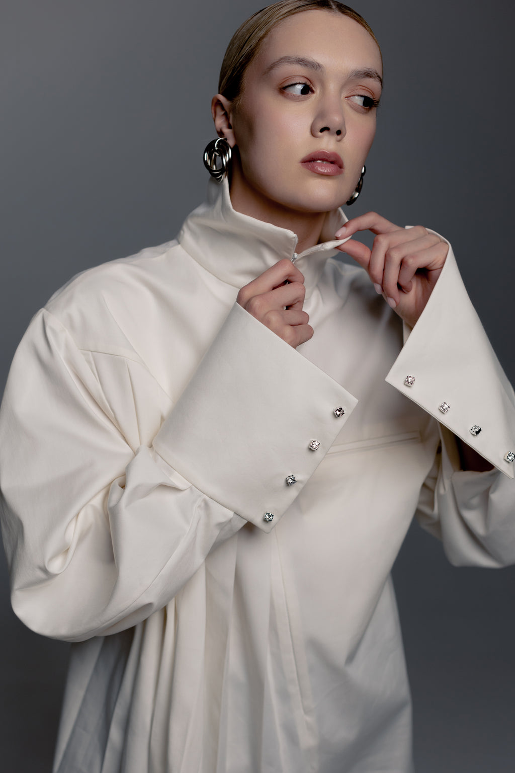 White Zip-Front Pleated Shirt