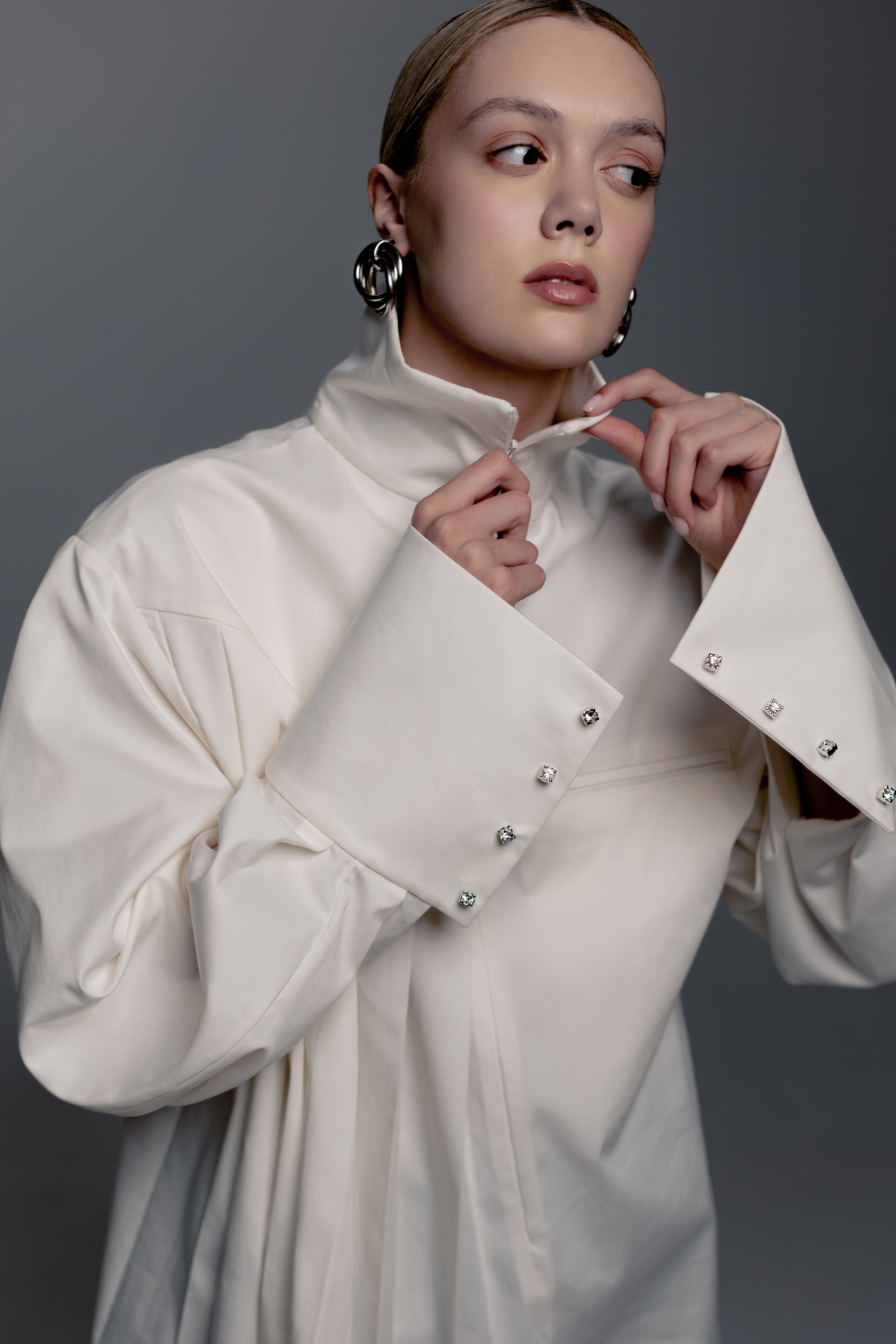 White Zip-Front Pleated Shirt
