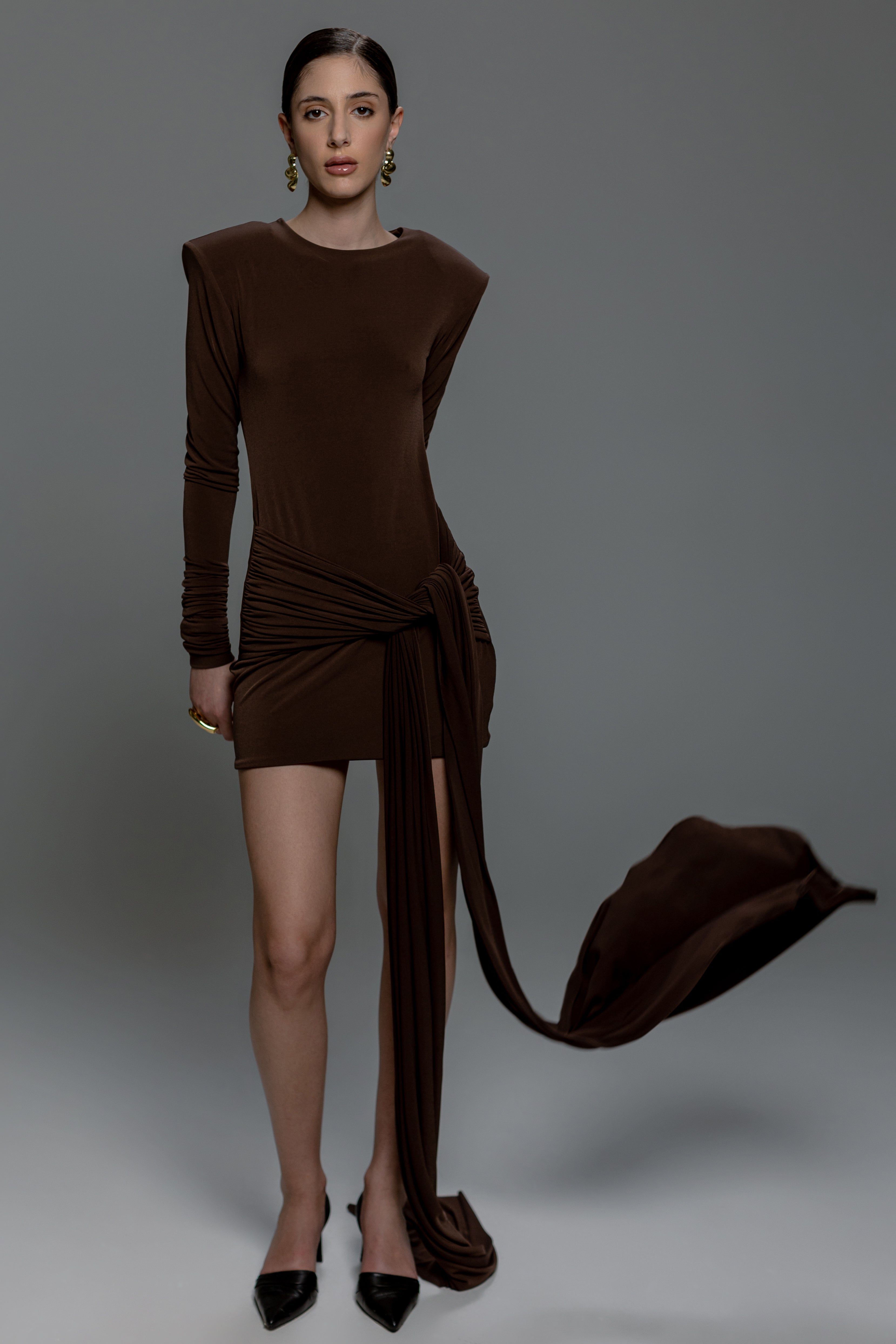 Brown Padded-Shoulder Mini Dress with Train