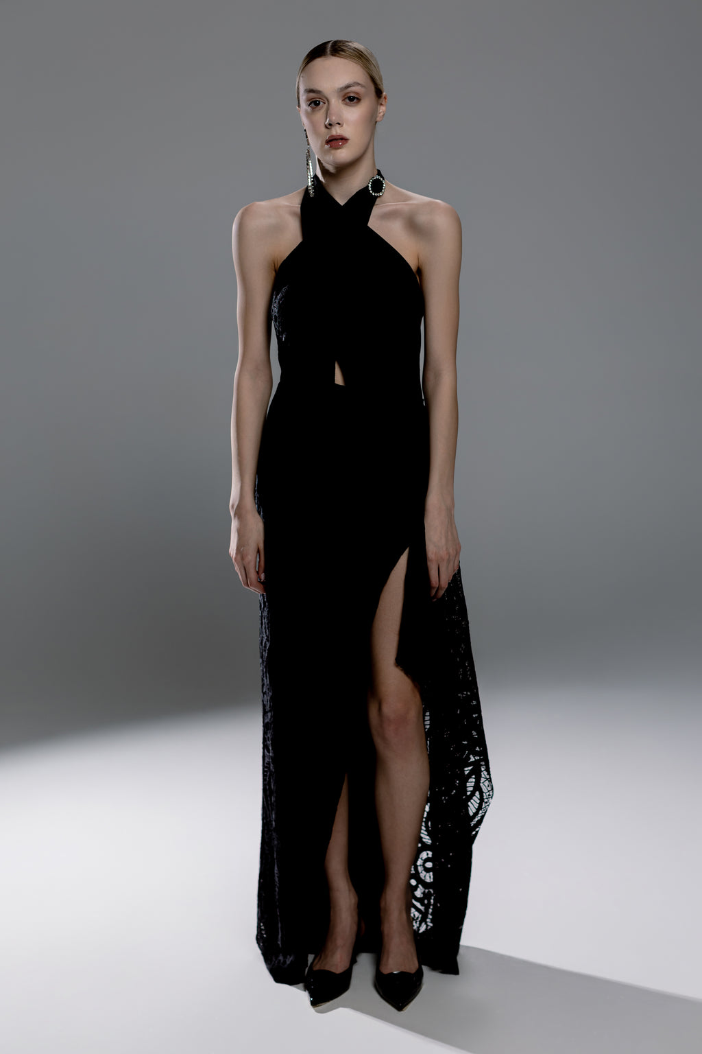 Black Backless Guipure Lace Maxi Dress