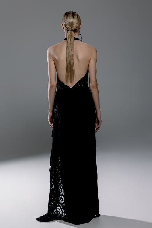 Black Backless Guipure Lace Maxi Dress