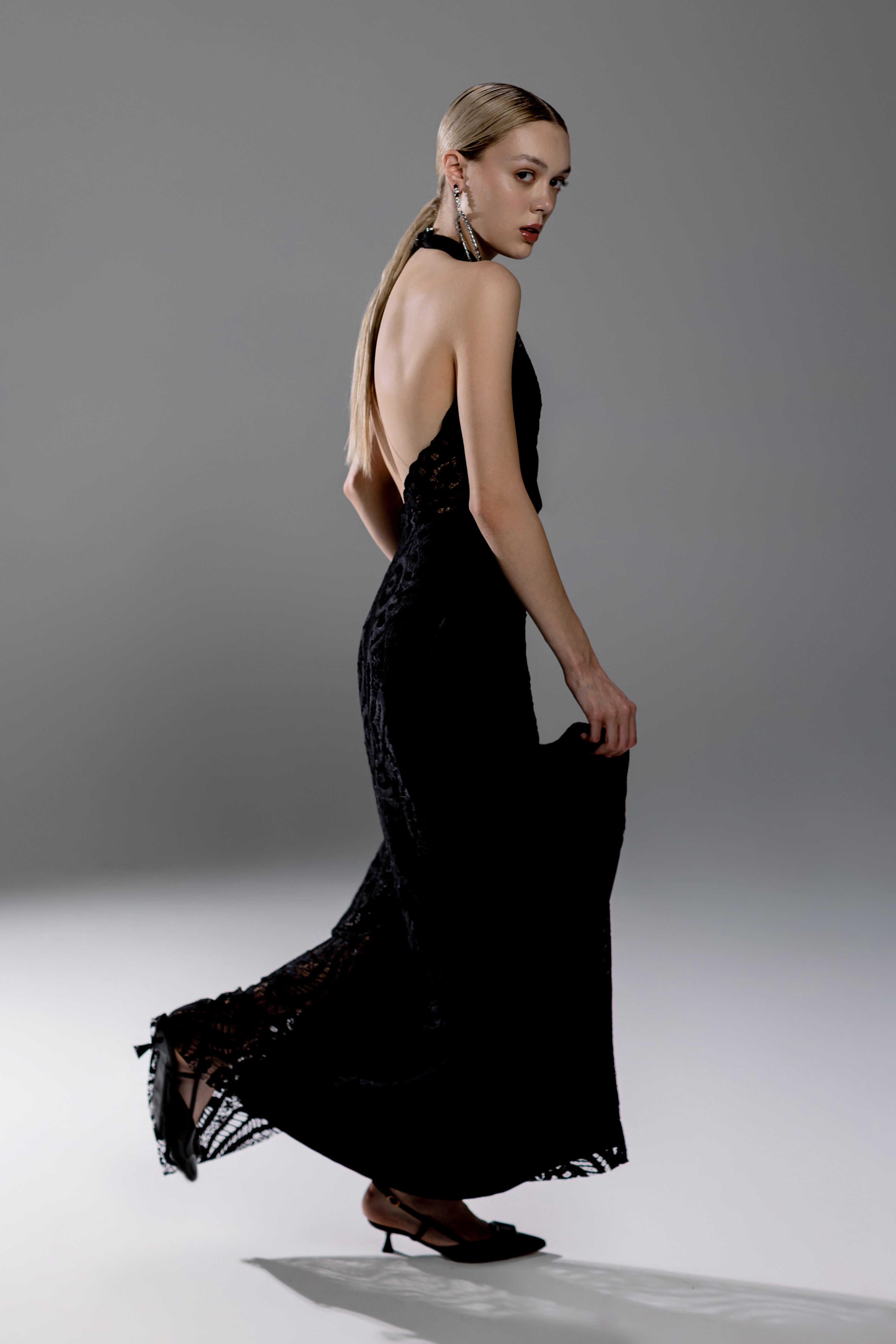 Black Backless Guipure Lace Maxi Dress