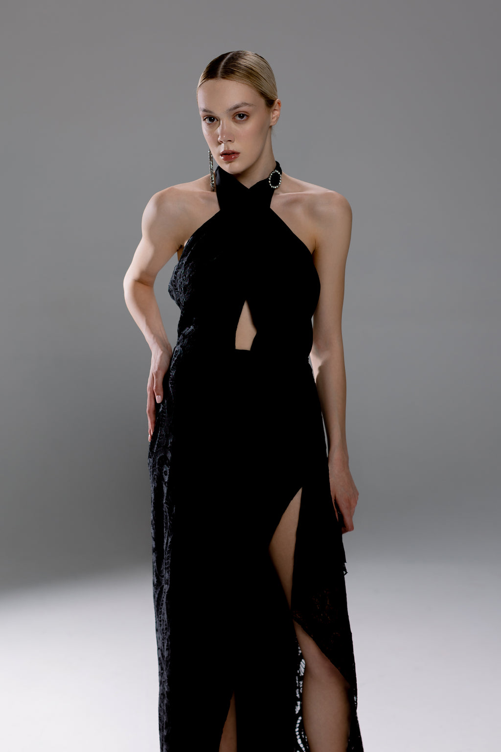 Black Backless Guipure Lace Maxi Dress
