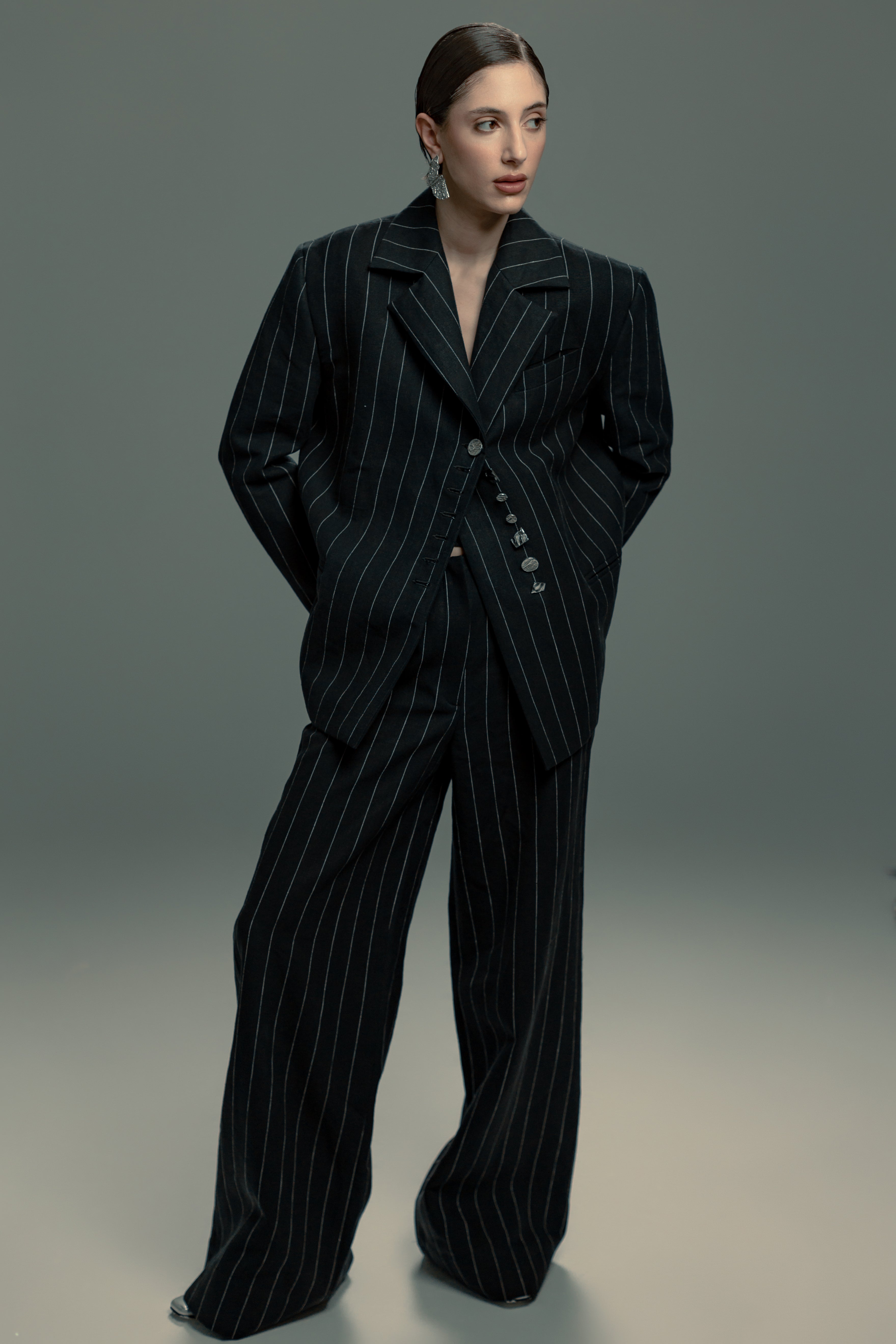 Pinstripe Wide-Leg Pants