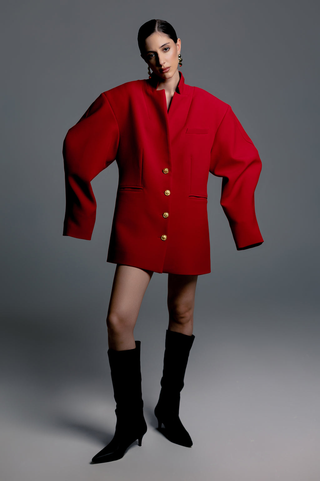 Red Backless Blazer Dress with Puffed Sleeves