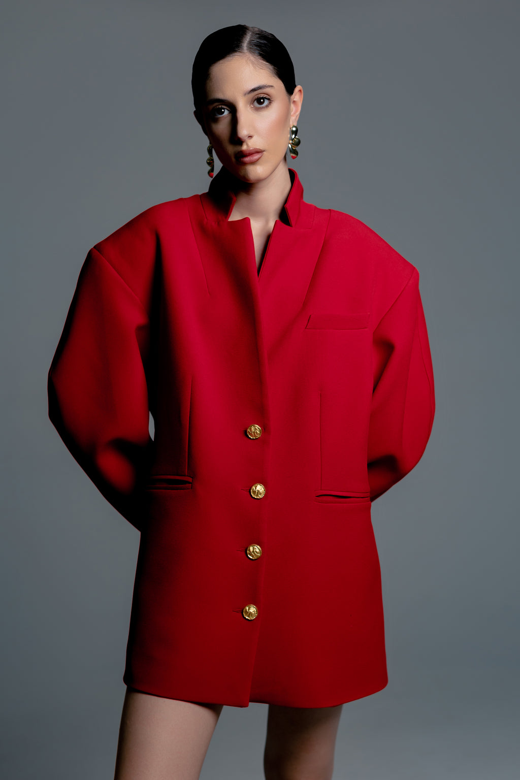 Red Backless Blazer Dress with Puffed Sleeves