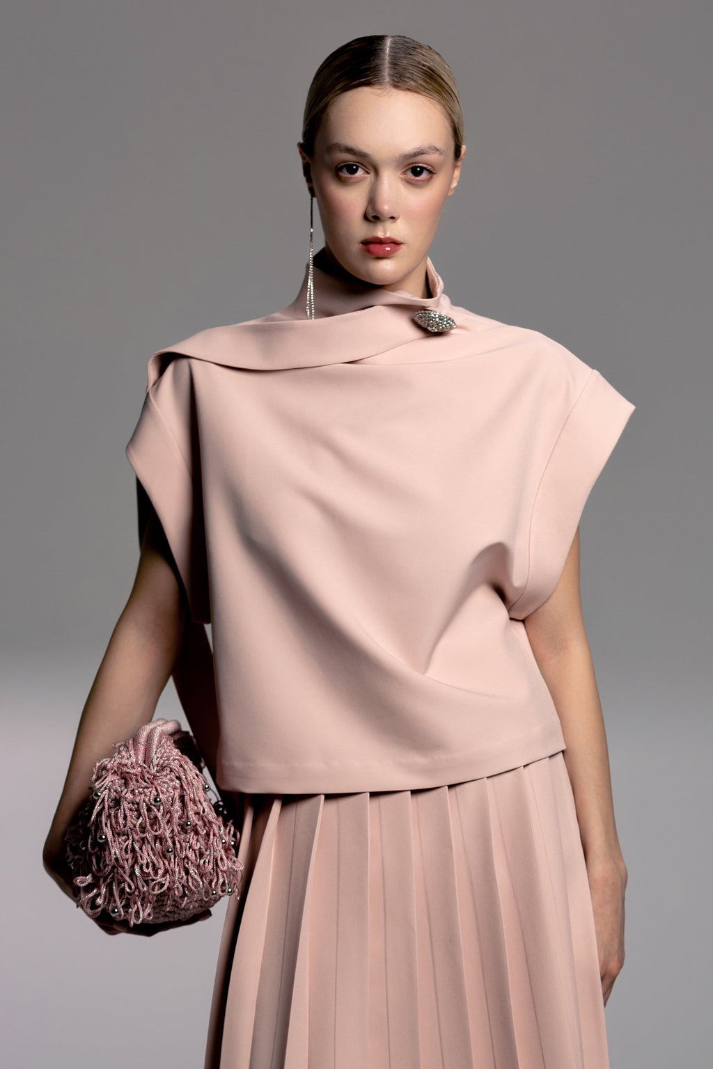 Pale Pink High-Neck Draped Top