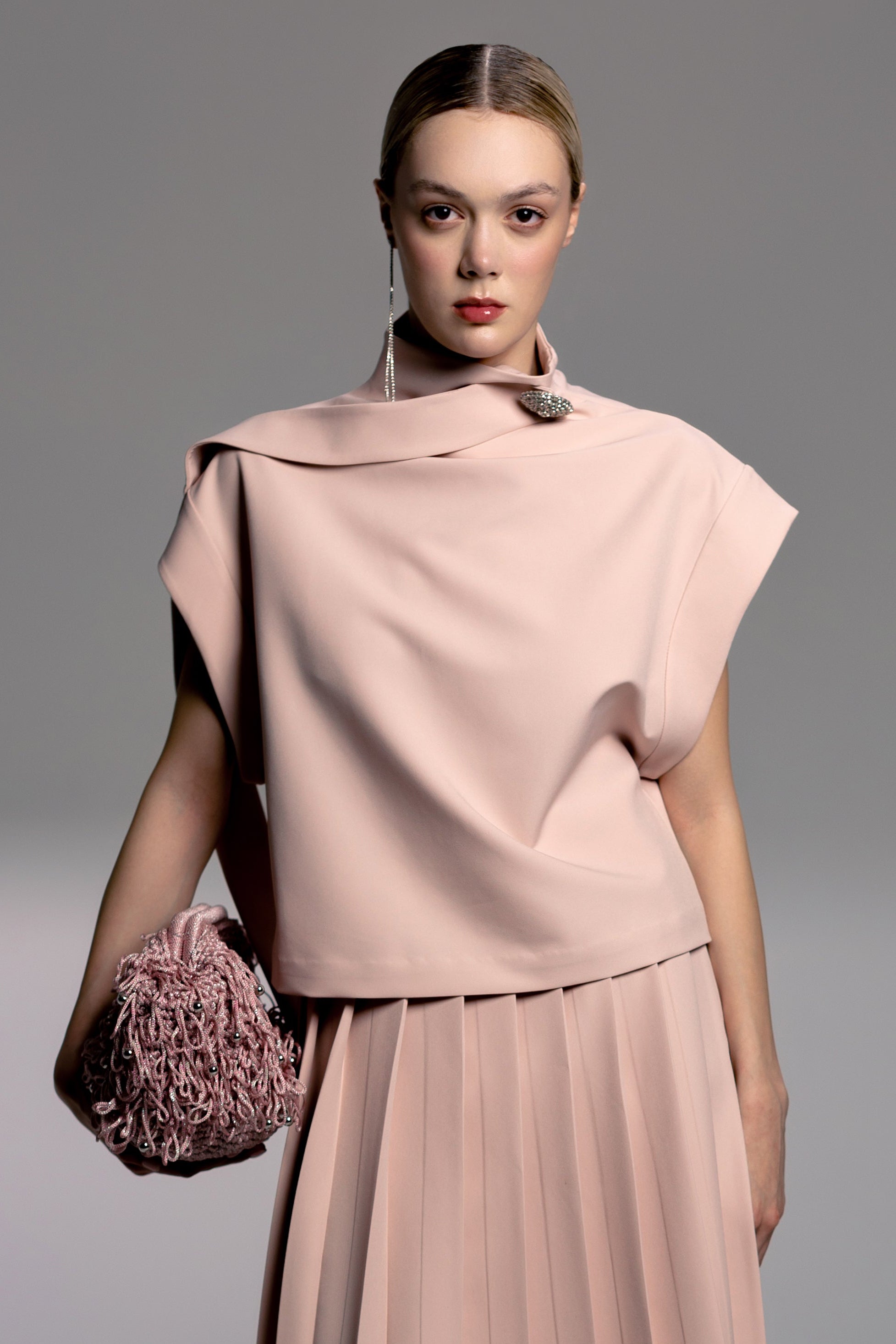 Pale Pink High-Neck Draped Top