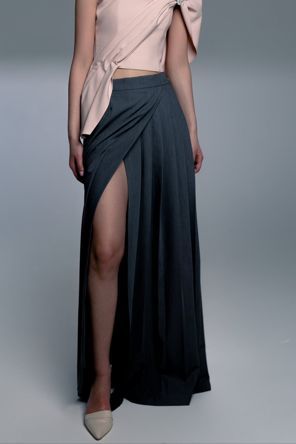 Grey Asymmetric Pleated Maxi Skirt