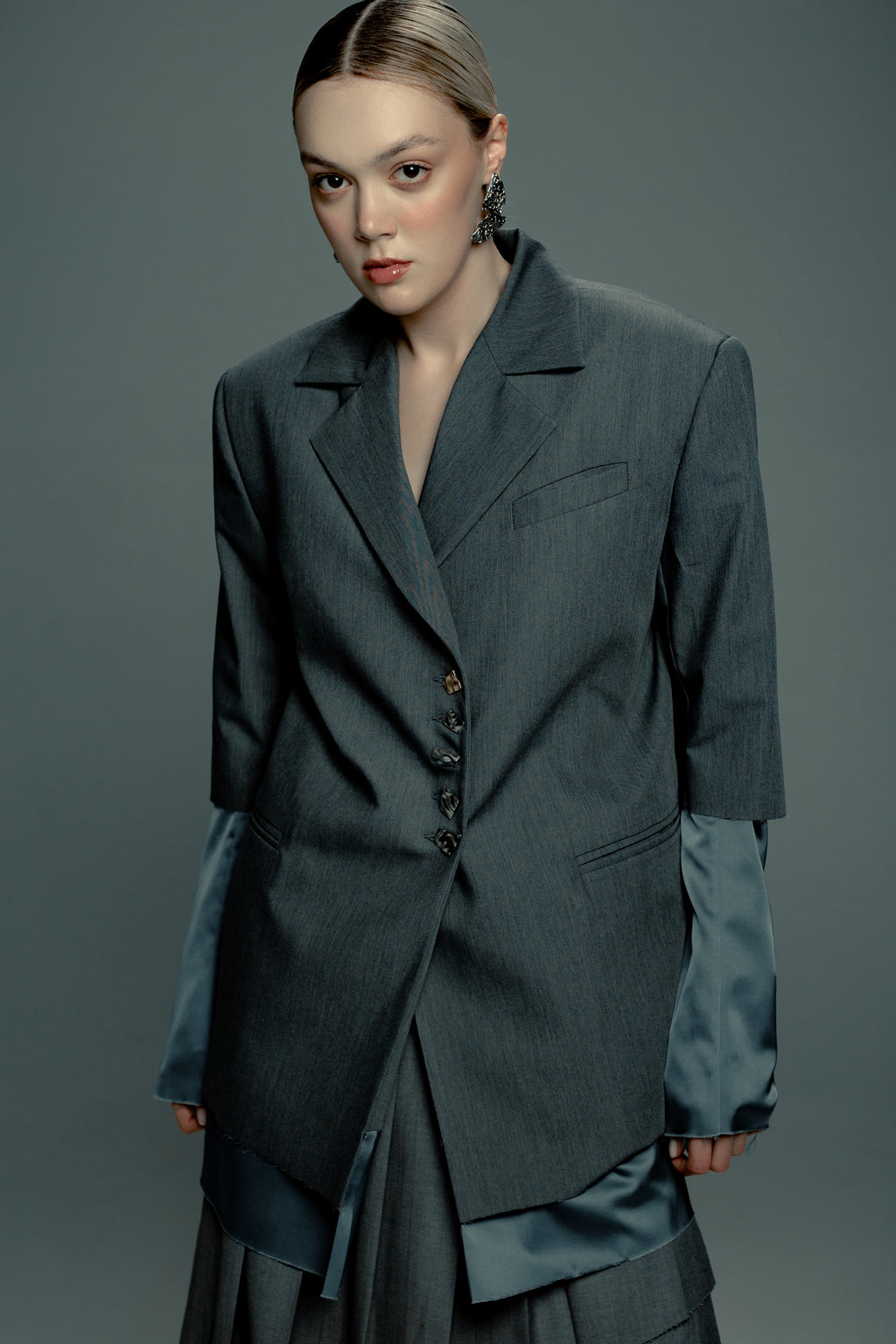 Grey Deconstructed Blazer with Metallic Buttons