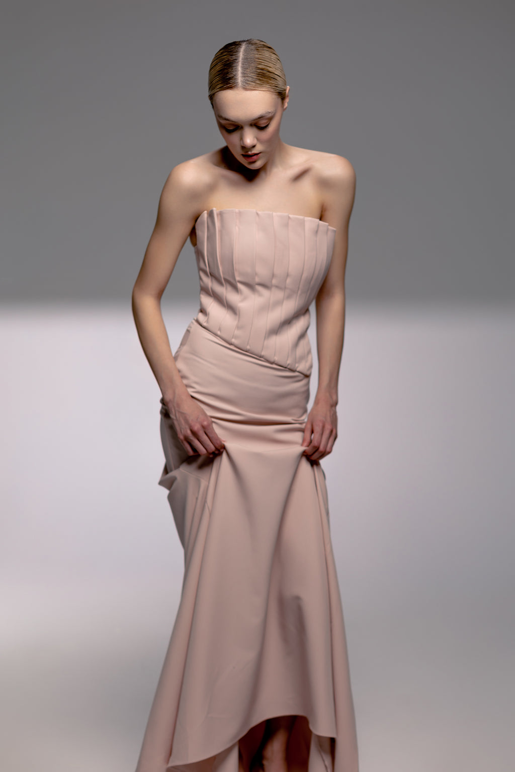 Strapless Corset Gown with Detachable Cape