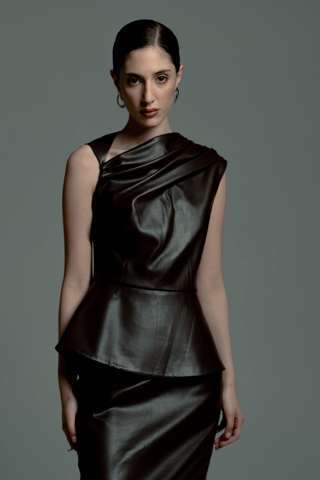 Dark Brown Faux Leather Asymmetric Peplum Top