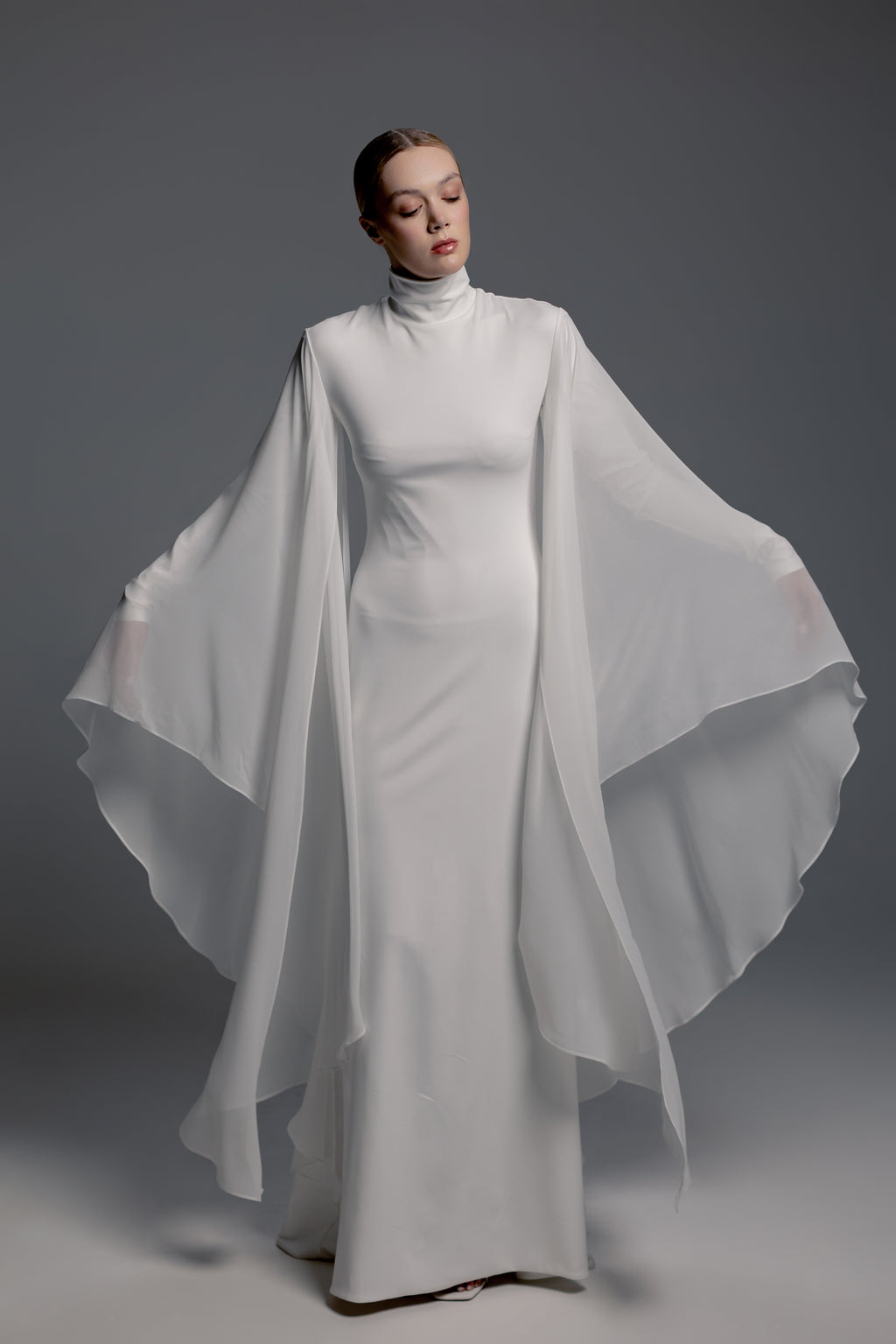 White High-Neck Maxi Dress with Chiffon Cape Sleeves