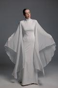 White High-Neck Maxi Dress with Chiffon Cape Sleeves
