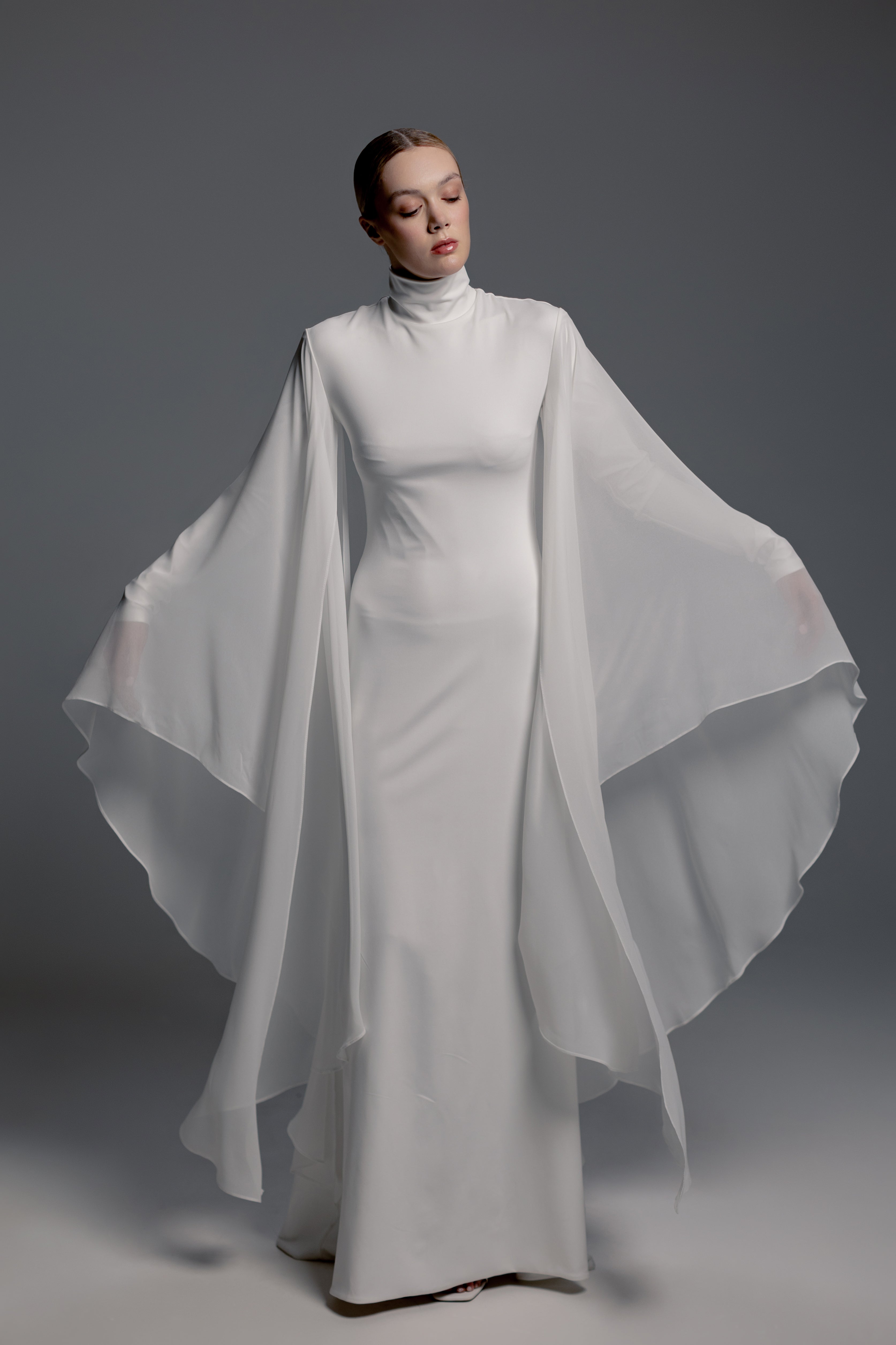 White High-Neck Maxi Dress with Chiffon Cape Sleeves