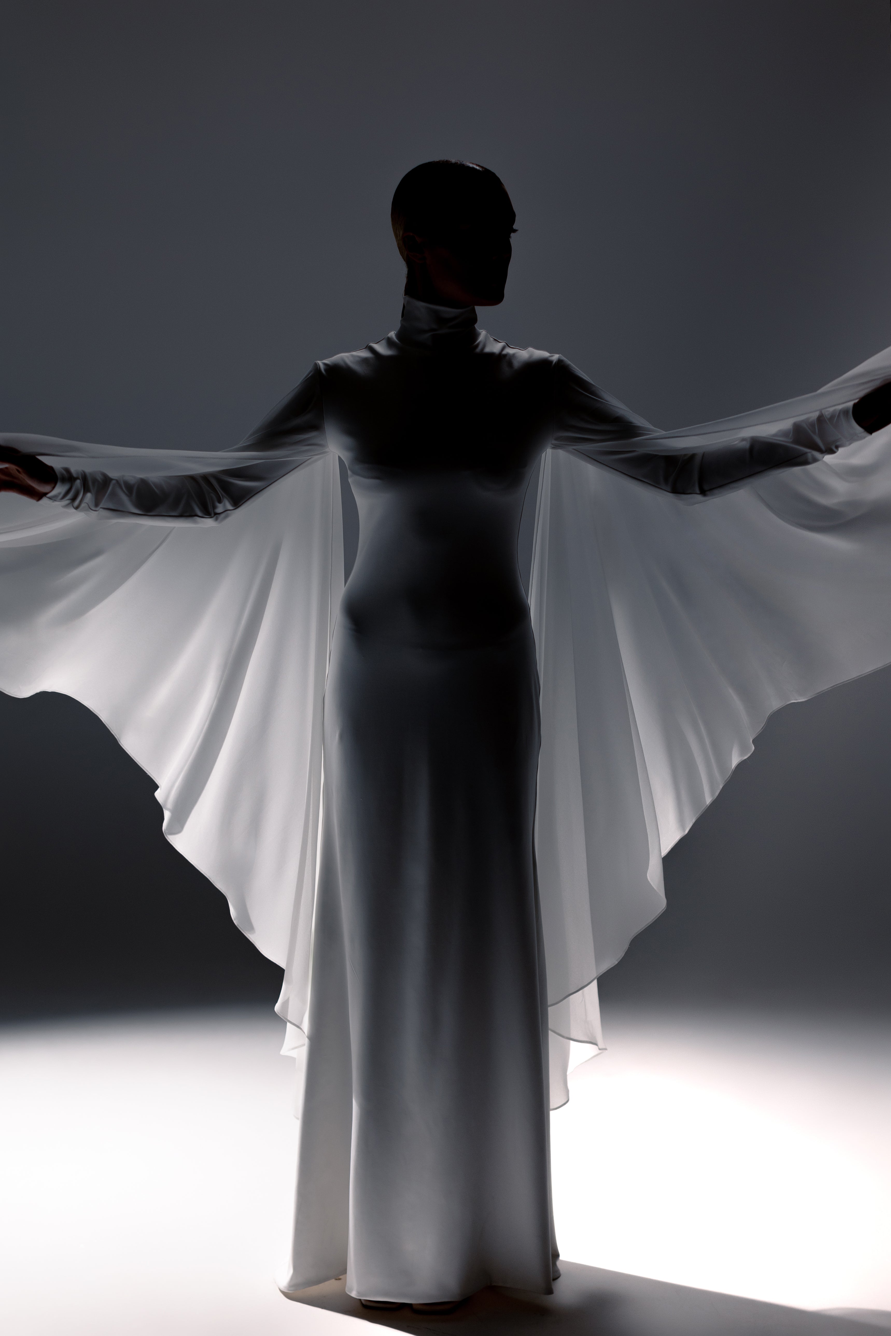 White High-Neck Maxi Dress with Chiffon Cape Sleeves