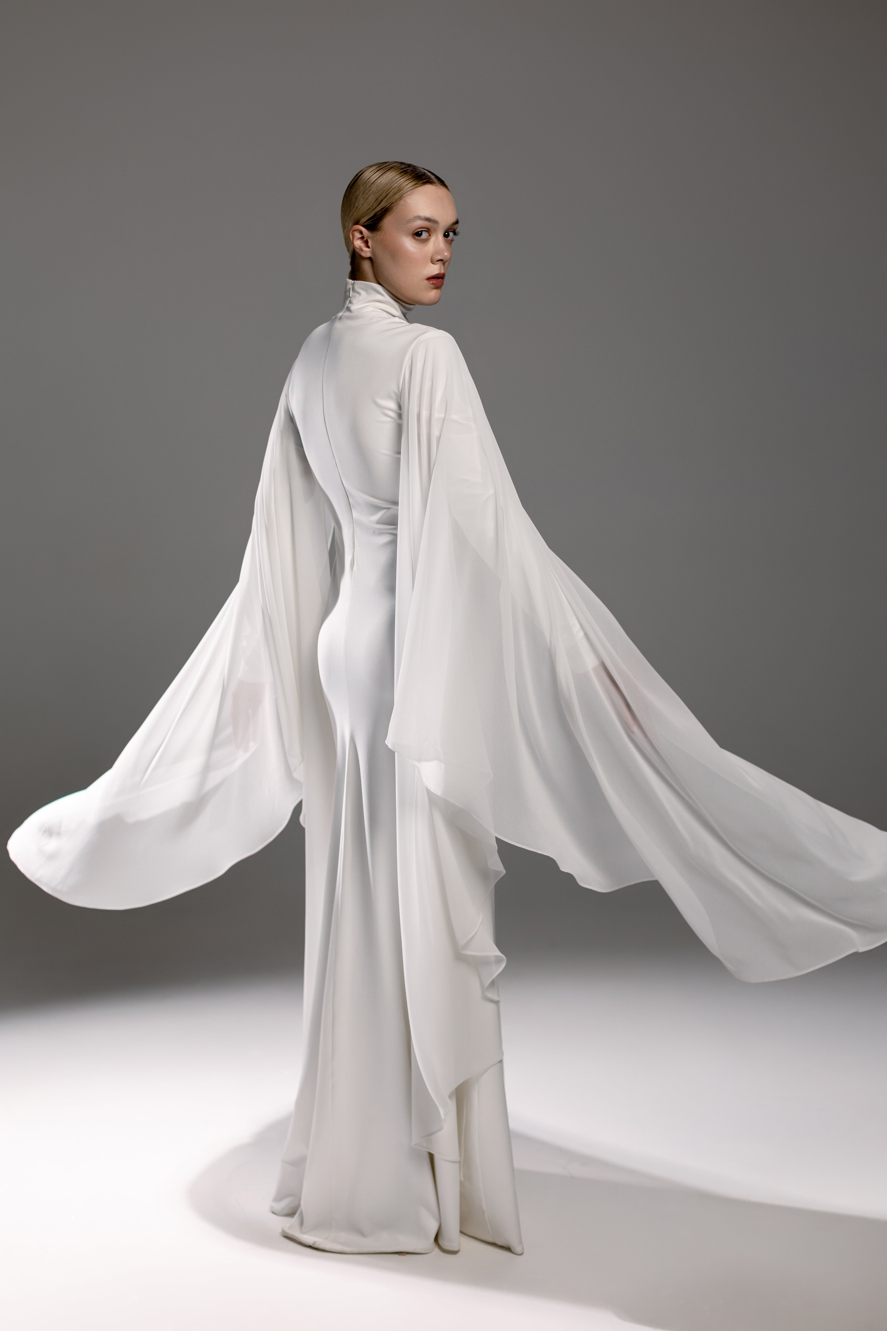 White High-Neck Maxi Dress with Chiffon Cape Sleeves
