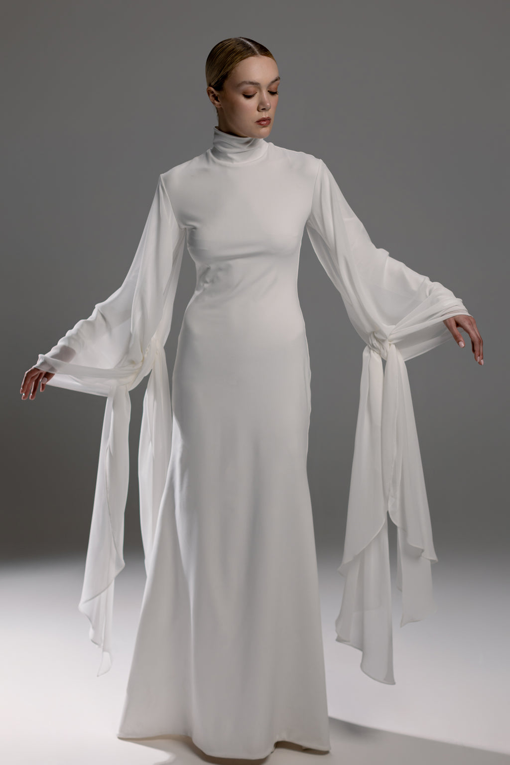 White High-Neck Maxi Dress with Chiffon Cape Sleeves