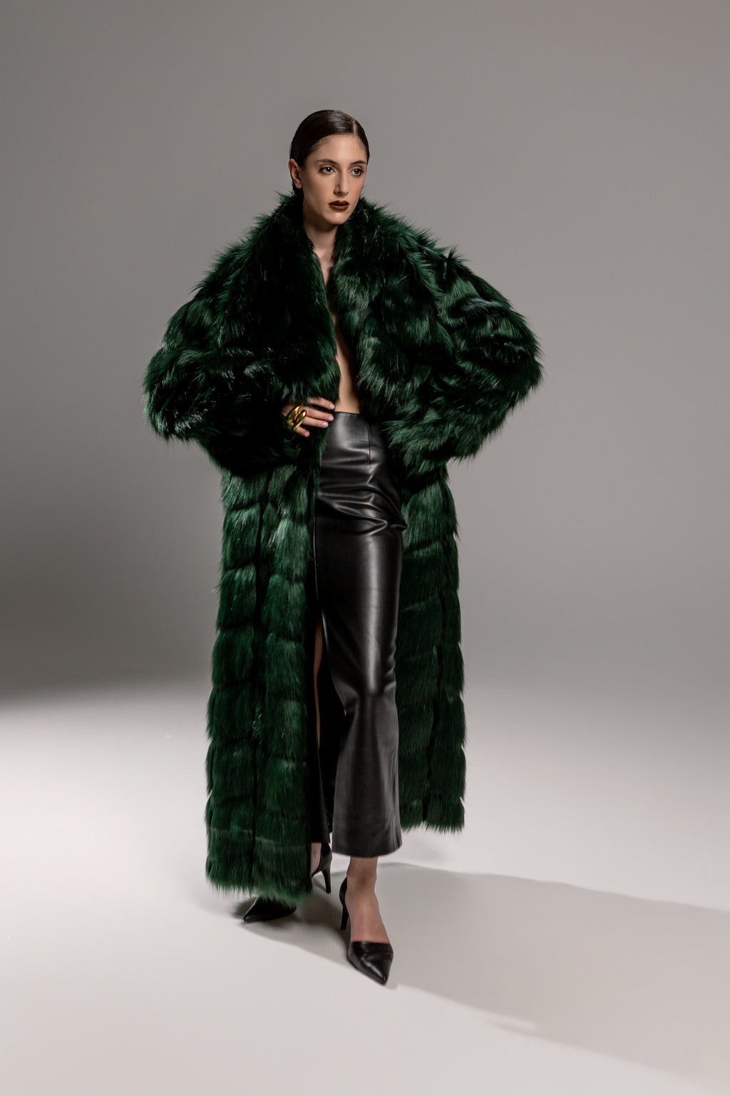 Emerald Green Tiered Faux Fur Maxi Coat