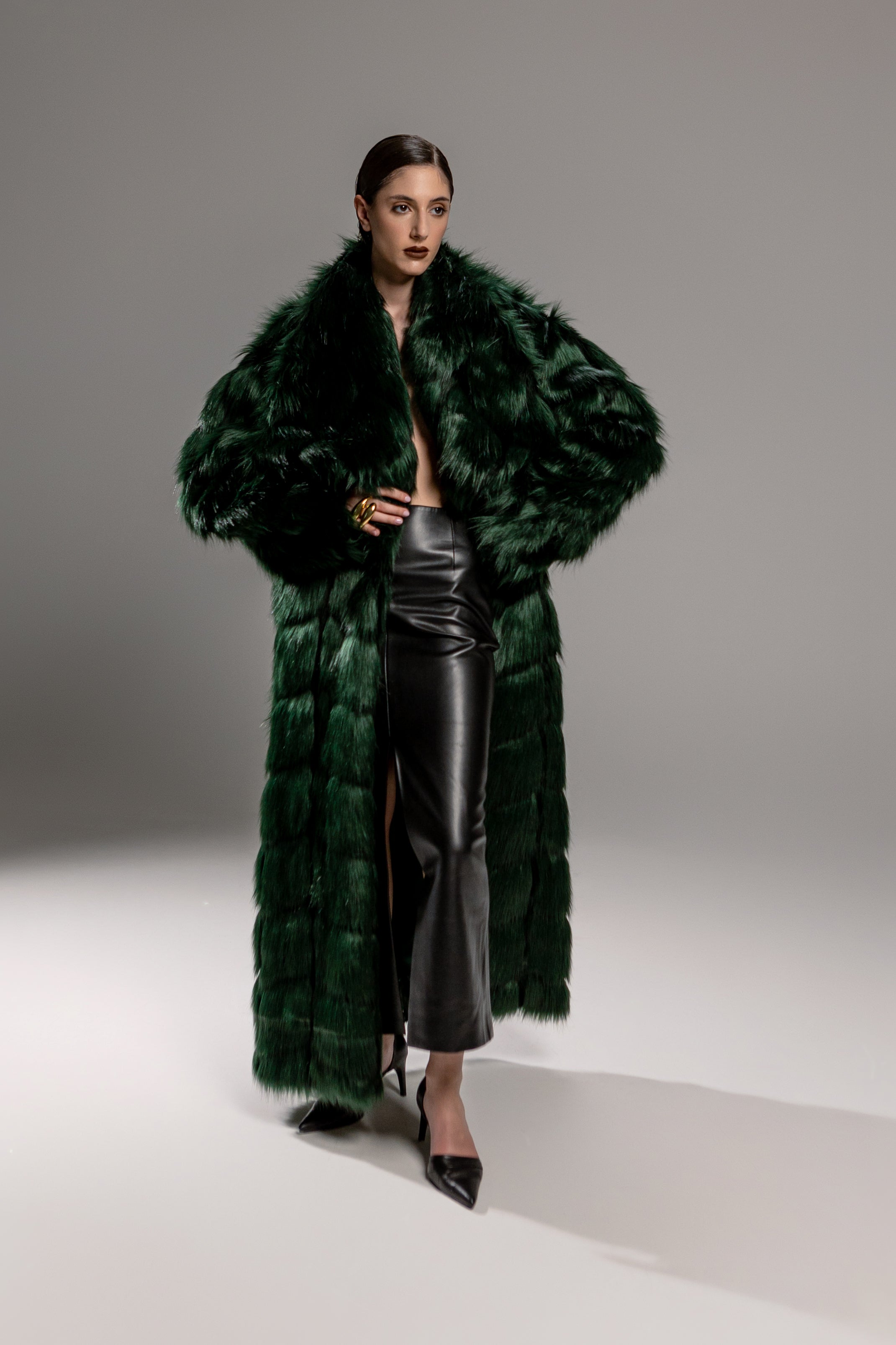 Emerald Green Tiered Faux Fur Maxi Coat
