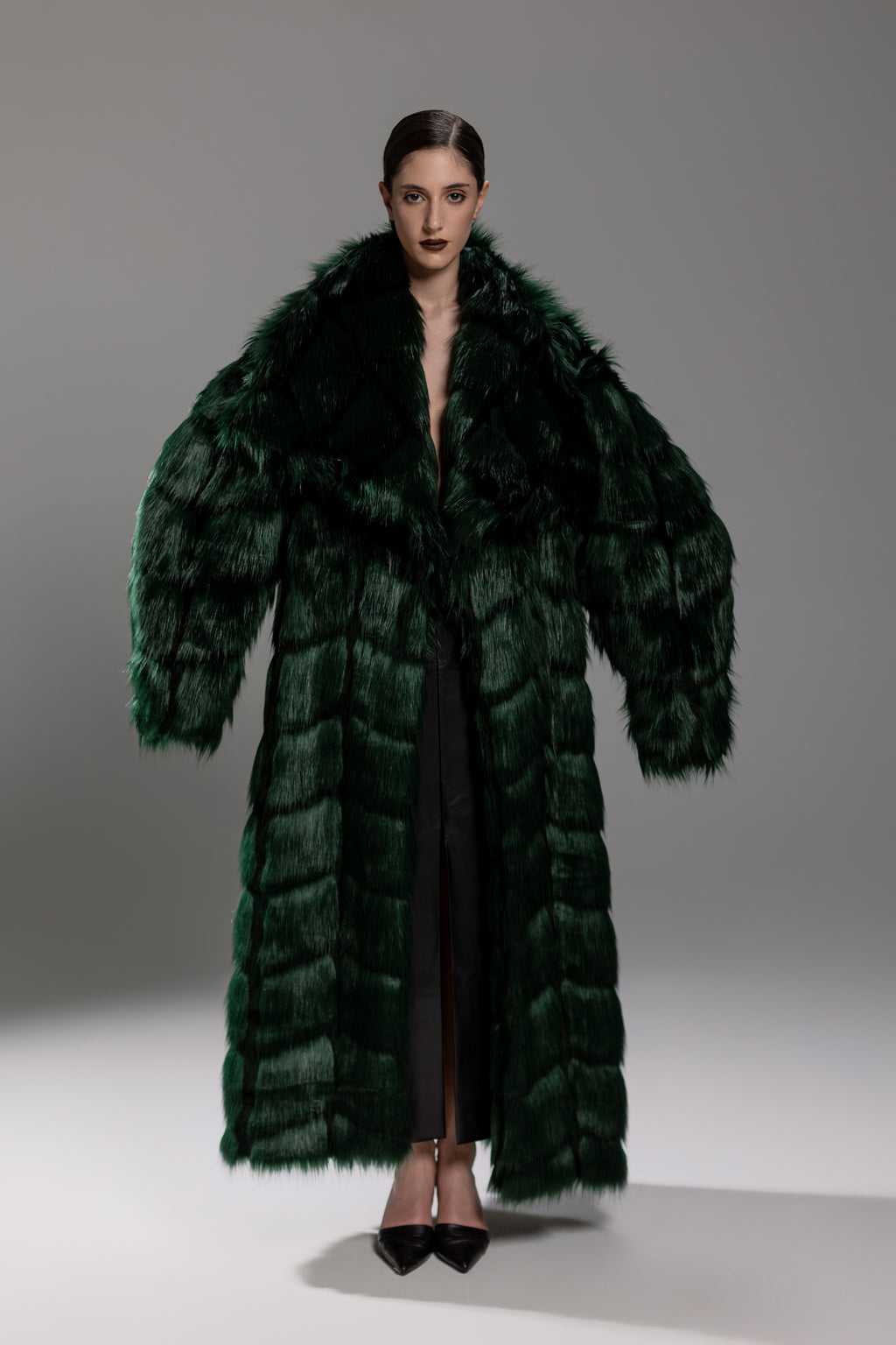 Emerald Green Tiered Faux Fur Maxi Coat
