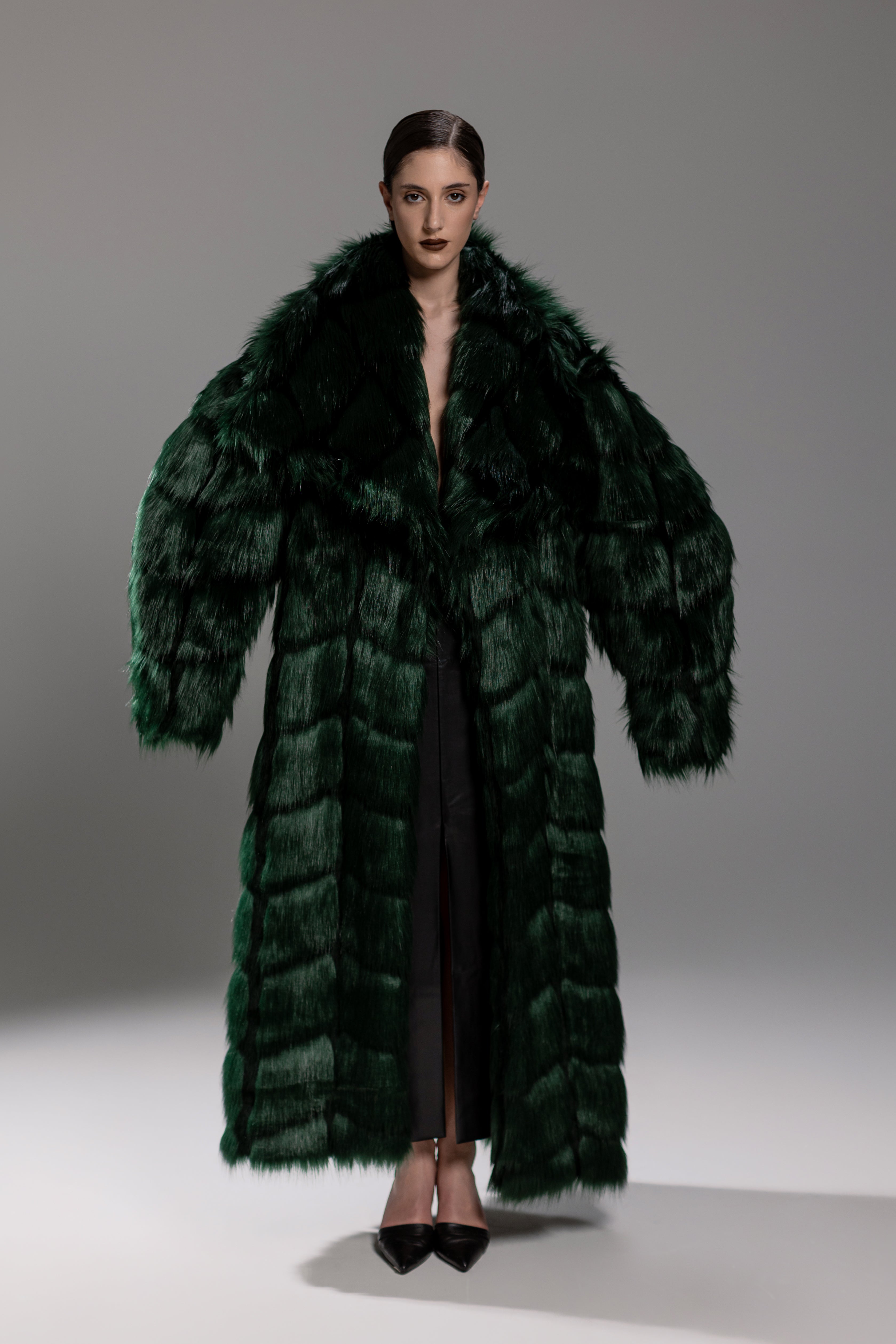 Emerald Green Tiered Faux Fur Maxi Coat